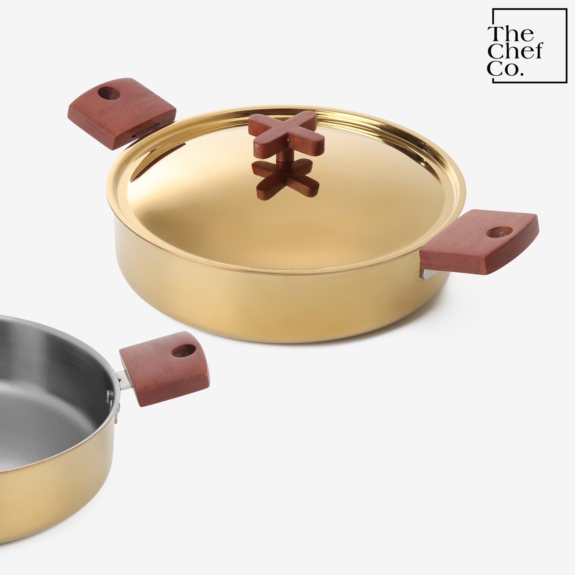 Gold PVD Coated Stainless Steel Triply Kadhai with Wooden handle