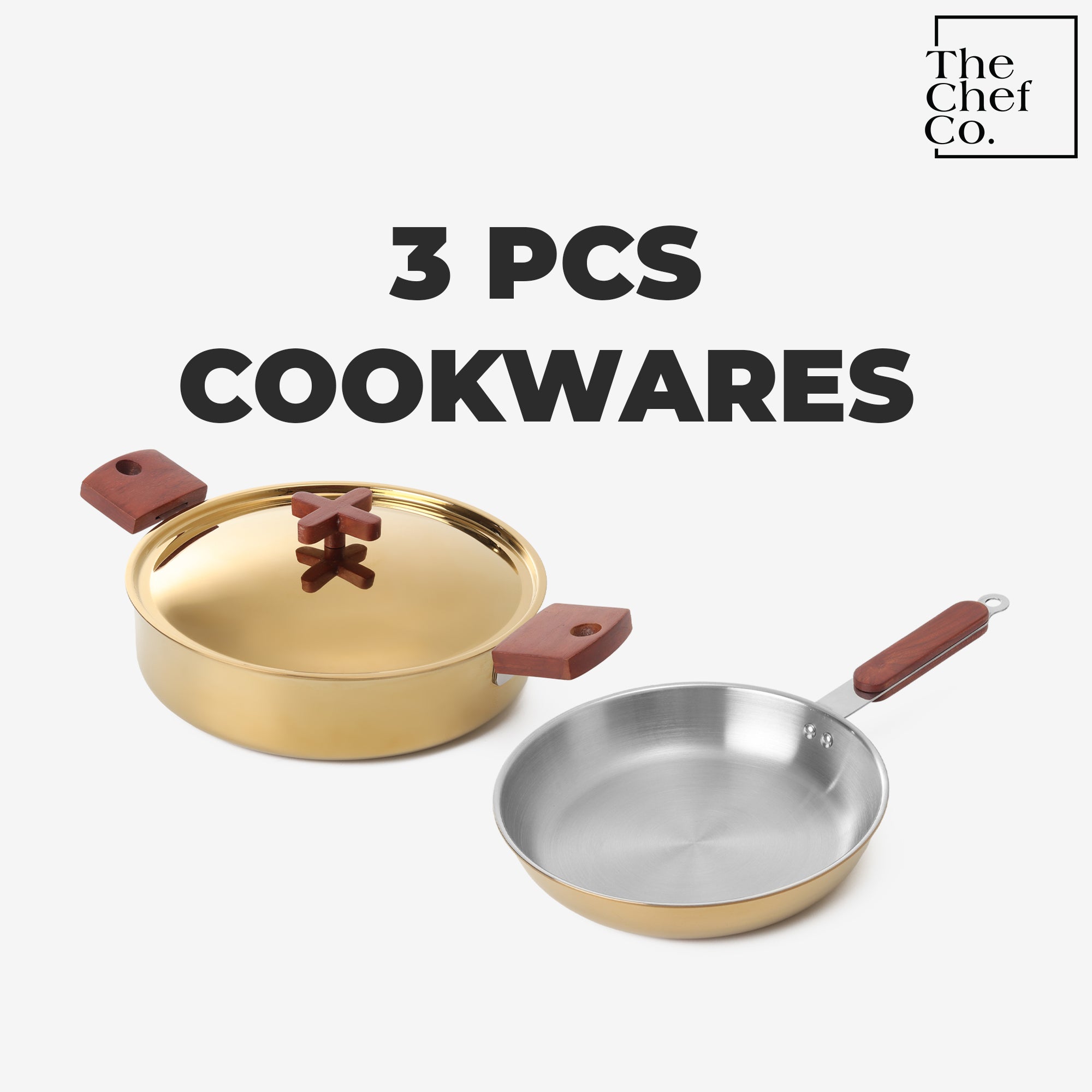 Gold PVD Coated Stainless Steel Triply Cookware Set: Kadhai + Fry Pan with Wooden handle