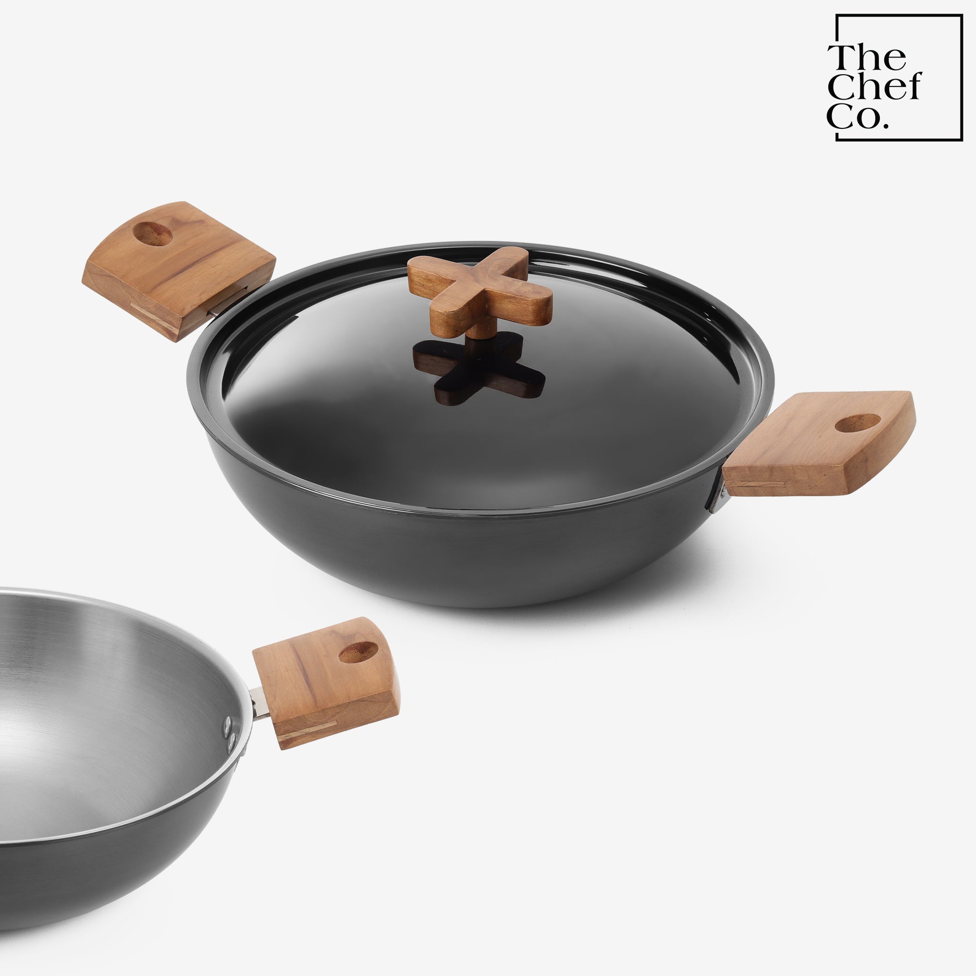 Black PVD Coated Stainless Steel Triply Kadhai with Wooden handle