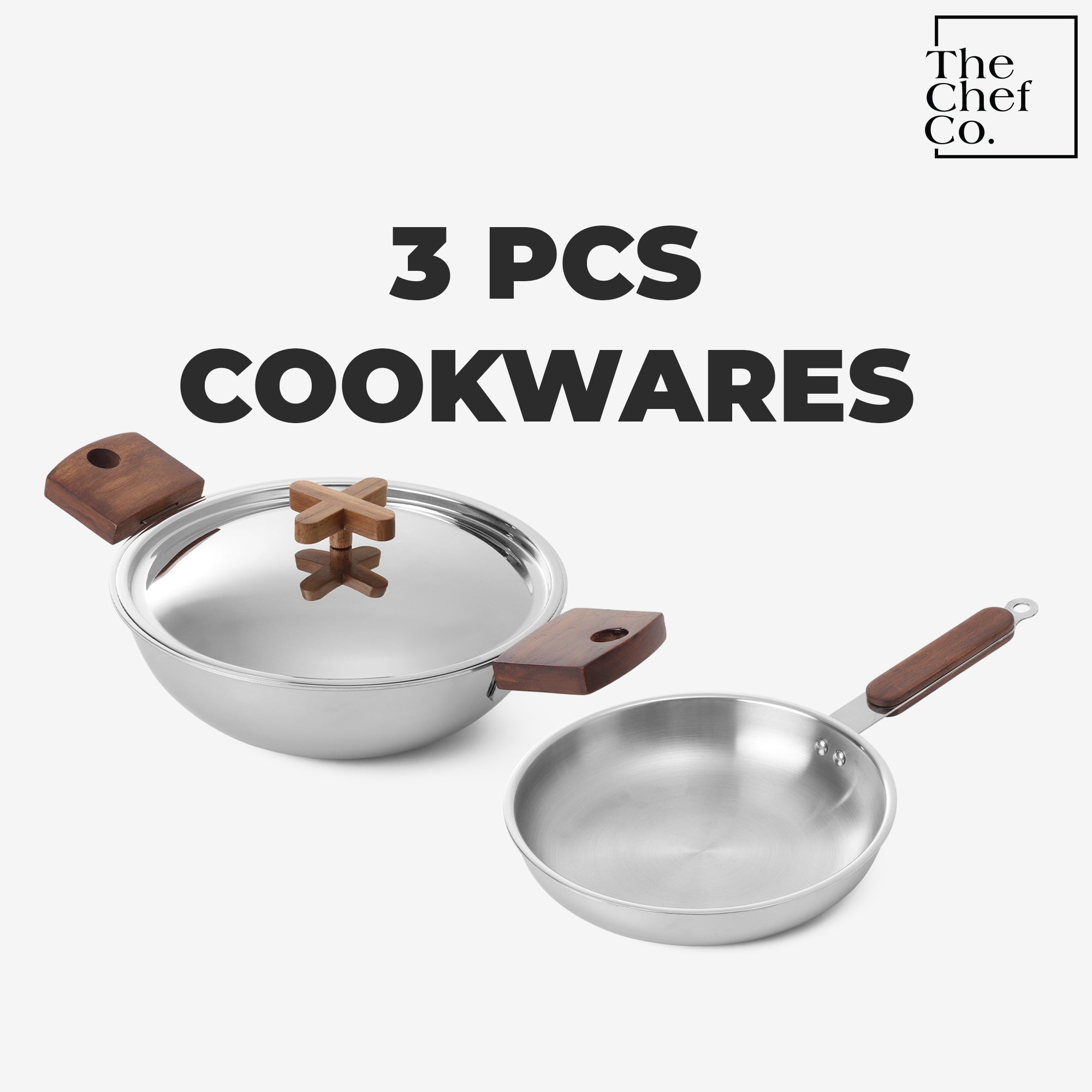 Stainless Steel Triply Cookware Set: Kadhai + Fry Pan with Wooden handle