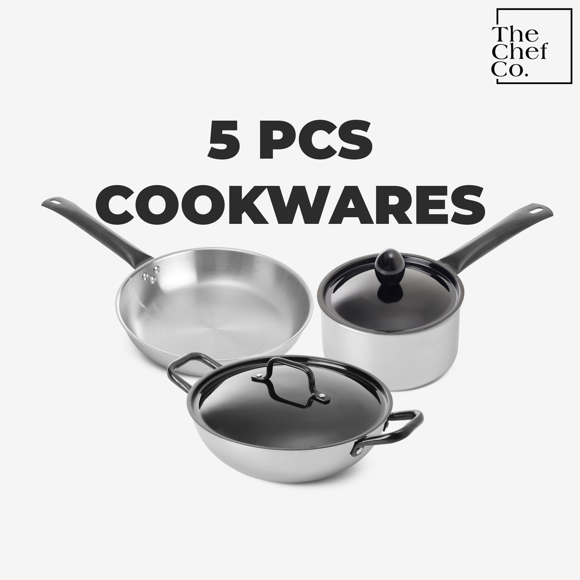 Black PVD Coated Stainless Steel Triply Cookware Set: Kadhai + Fry Pan + Sauce Pan with SS pipe handle