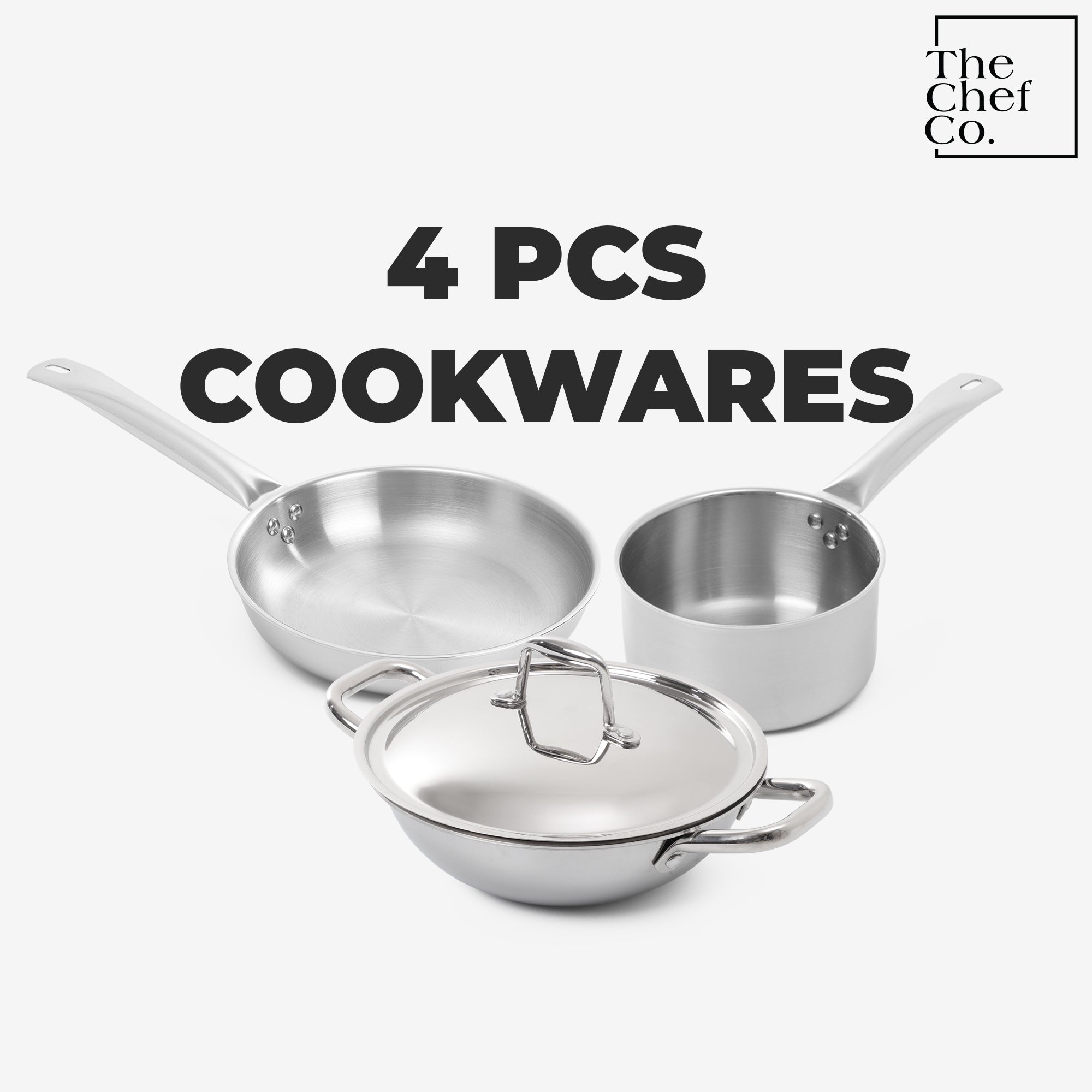 Stainless Steel Cookware Set: 2.2L Kadai+ 1.4L Frypan+ 1.2L Tea/Milk pan