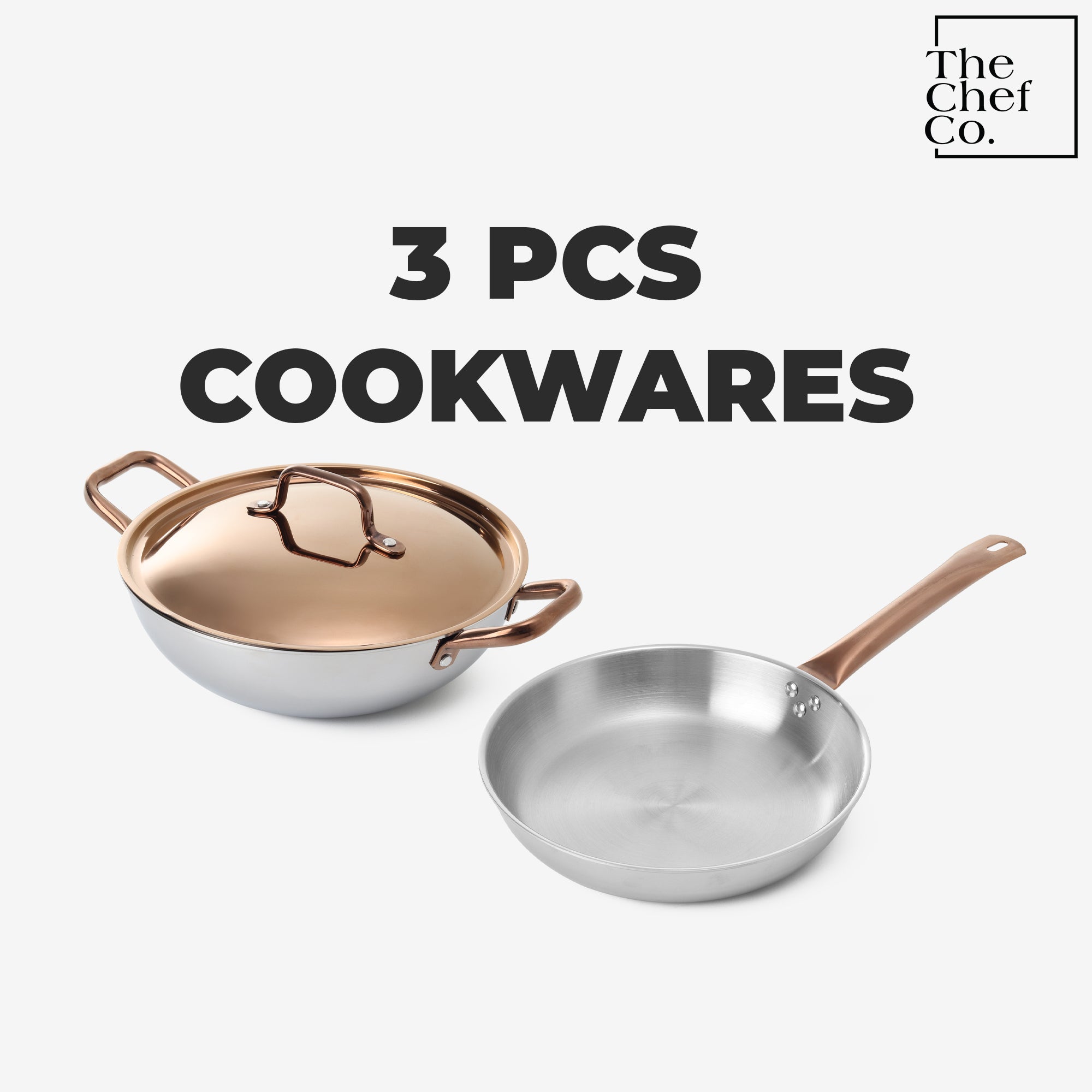 Rose Gold PVD Coated Stainless Steel Triply Cookware Set: Kadhai + Fry Pan with SS pipe handle