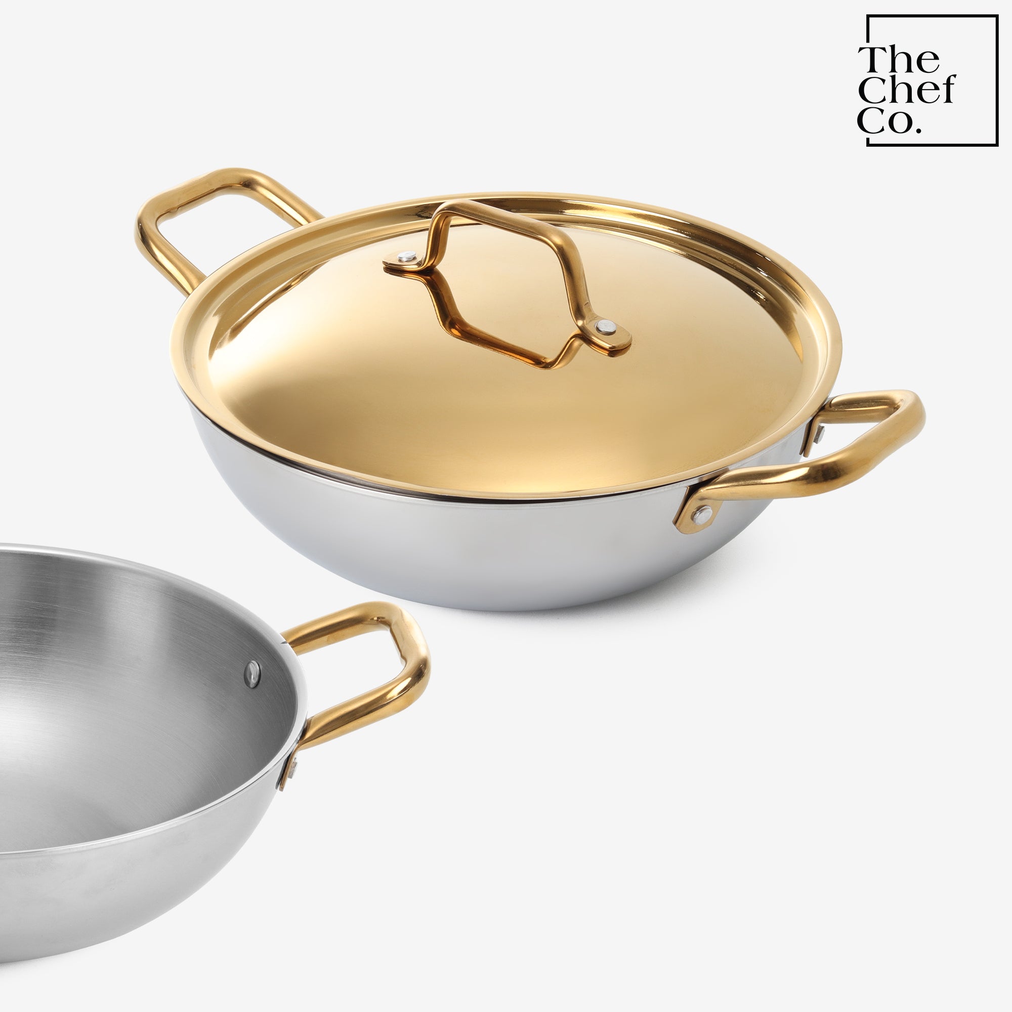 Gold PVD Coated Stainless Steel Triply Kadhai with SS pipe handle