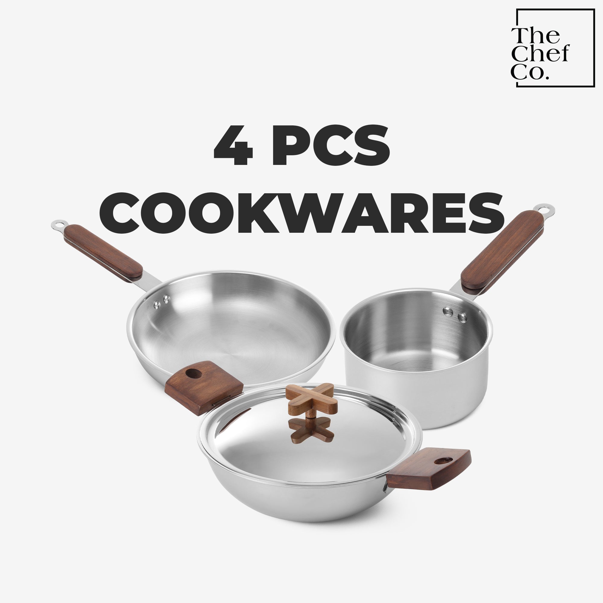 Stainless Steel Triply Cookware Set: Kadhai + Fry Pan + Sauce Pan with Wooden handle