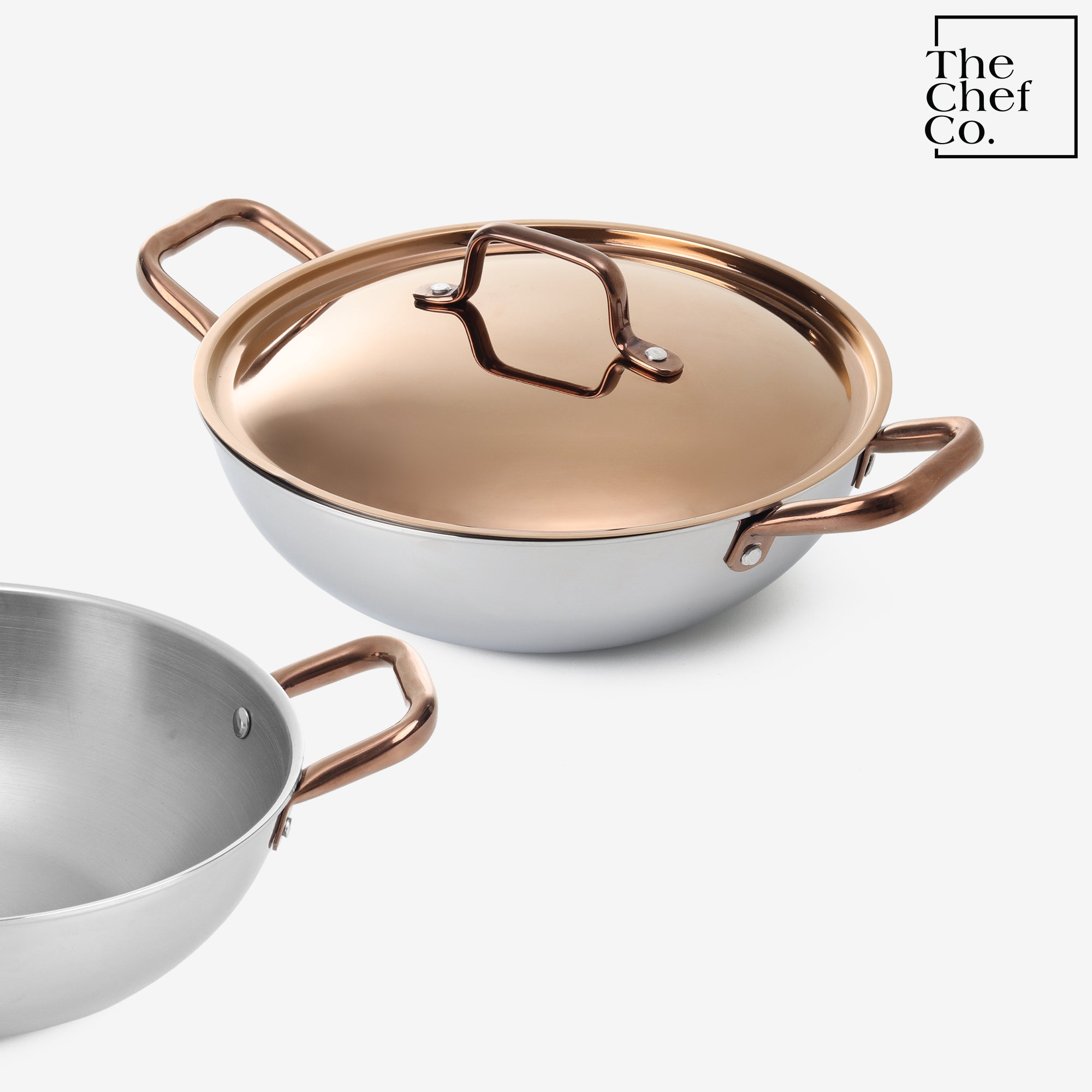 Rose Gold PVD Coated Stainless Steel Triply Kadhai with SS pipe handle