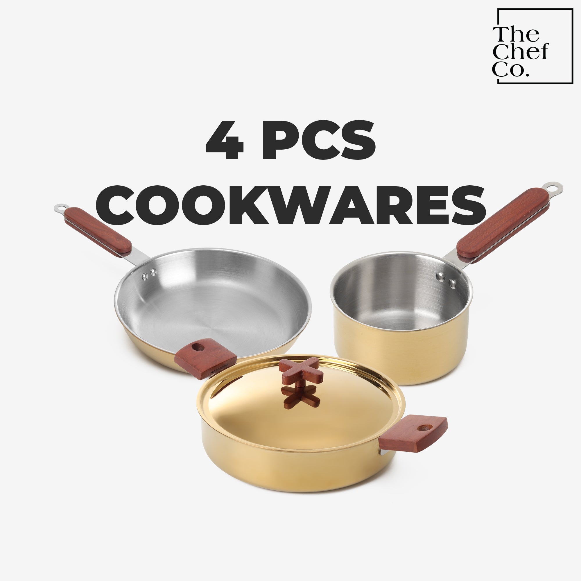 Rose Gold PVD Coated Stainless Steel Triply Cookware Set: Kadhai + Fry Pan + Sauce Pan with SS pipe handle