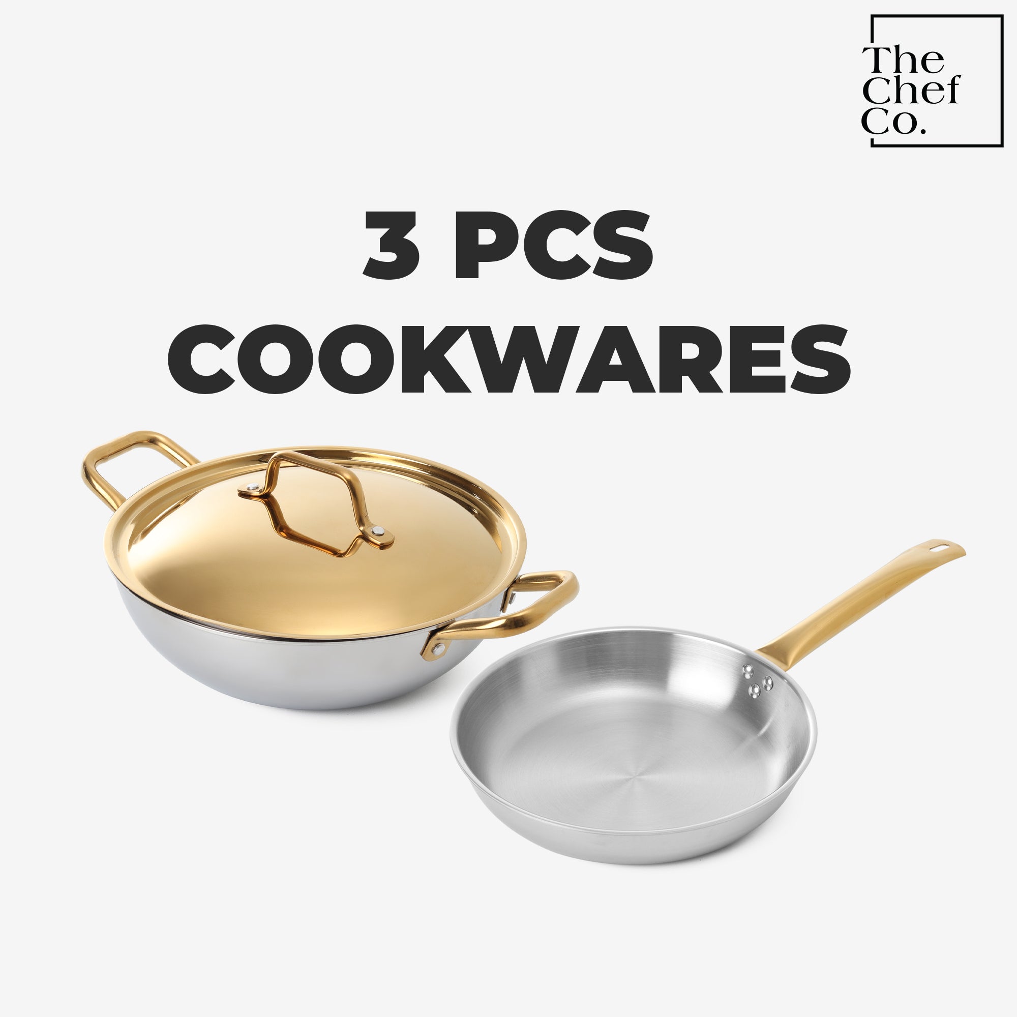 Gold PVD Coated Stainless Steel Triply Cookware Set: Kadhai + Fry Pan with SS pipe handle