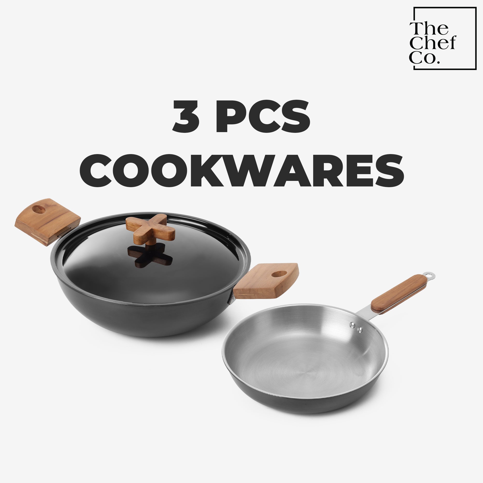 Black PVD Coated Stainless Steel Triply Cookware Set: Kadhai + Fry Pan with Wooden handle