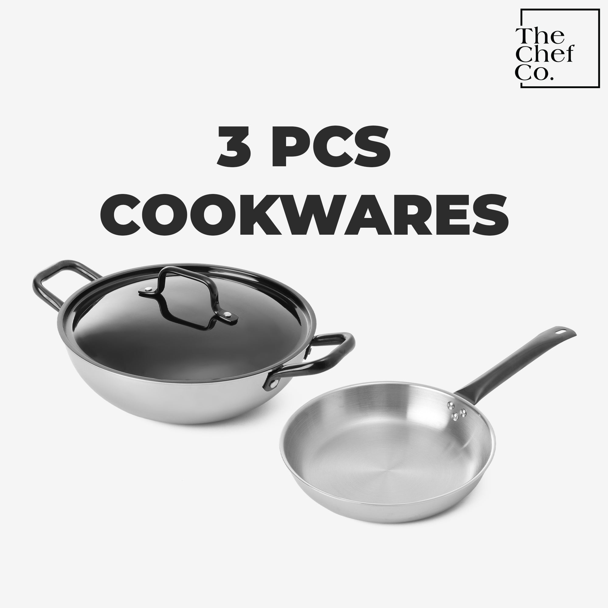 Black PVD Coated Stainless Steel Triply Cookware Set: Kadhai + Fry Pan with SS pipe handle