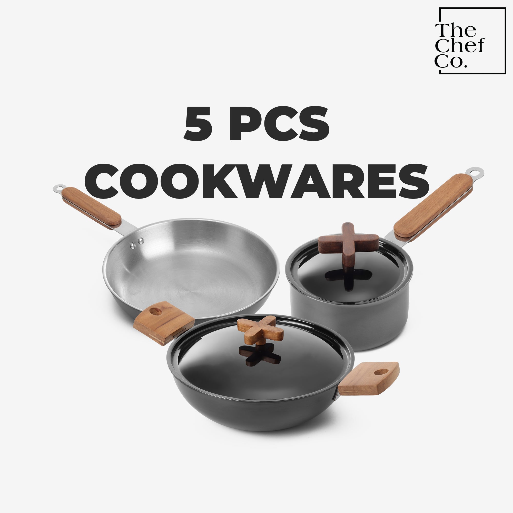 Black PVD Coated Stainless Steel Triply Cookware Set: Kadhai + Fry Pan + Sauce Pan with Wooden handle