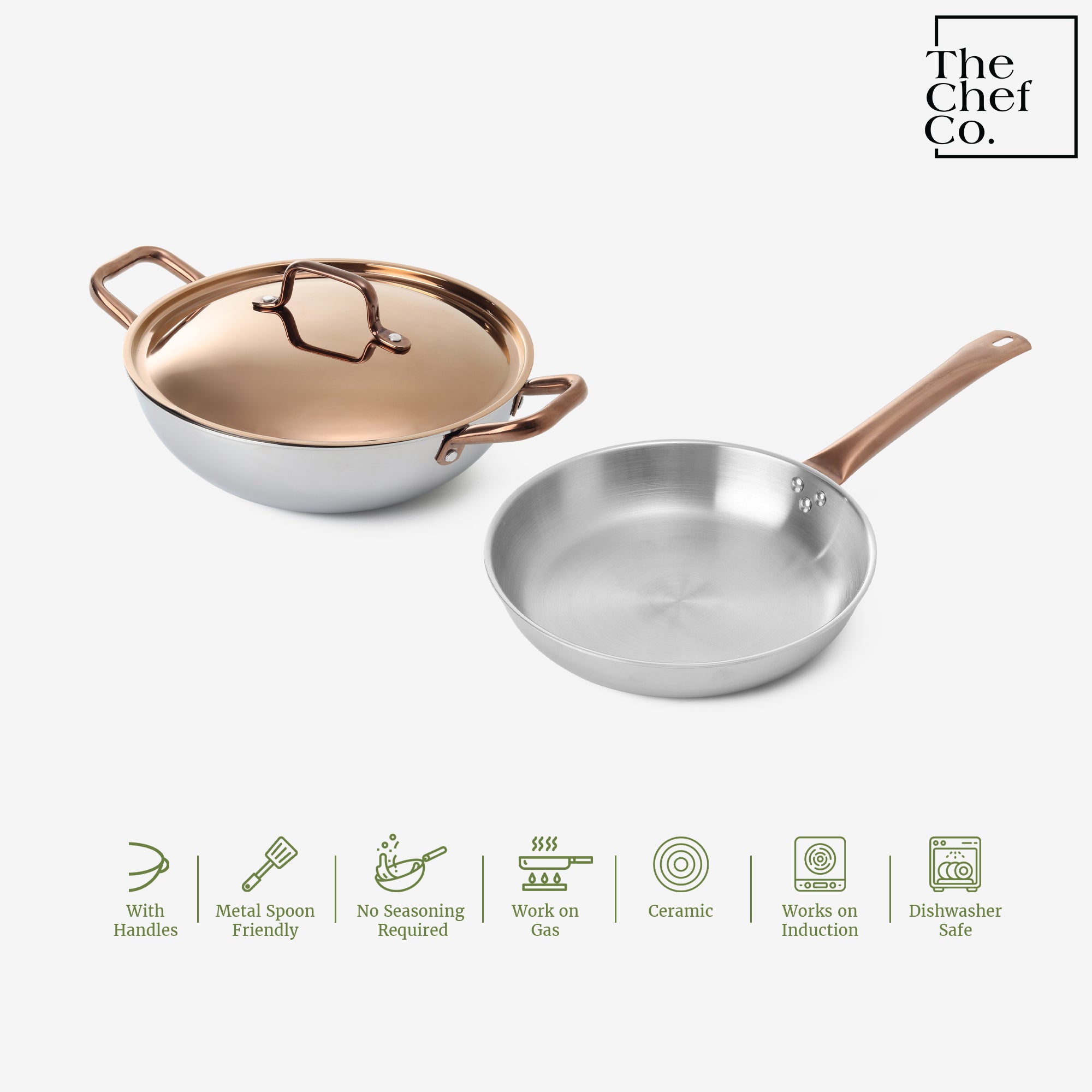 Rose Gold PVD Coated Stainless Steel Triply Cookware Set: Kadhai + Fry Pan with SS pipe handle