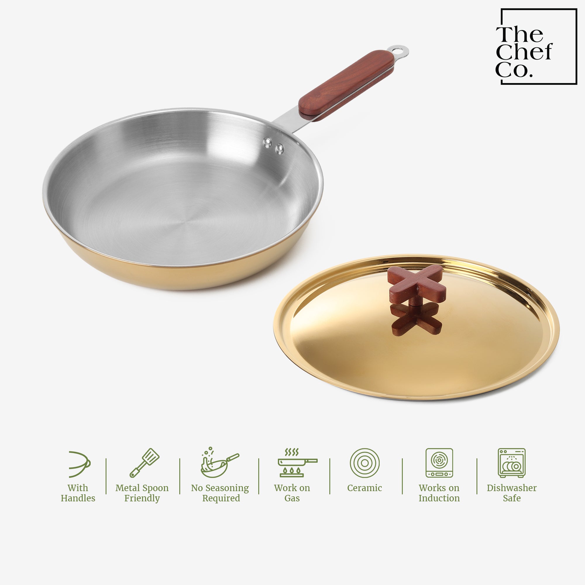 Gold PVD Coated Stainless Steel Triply Fry pan with Wooden handle