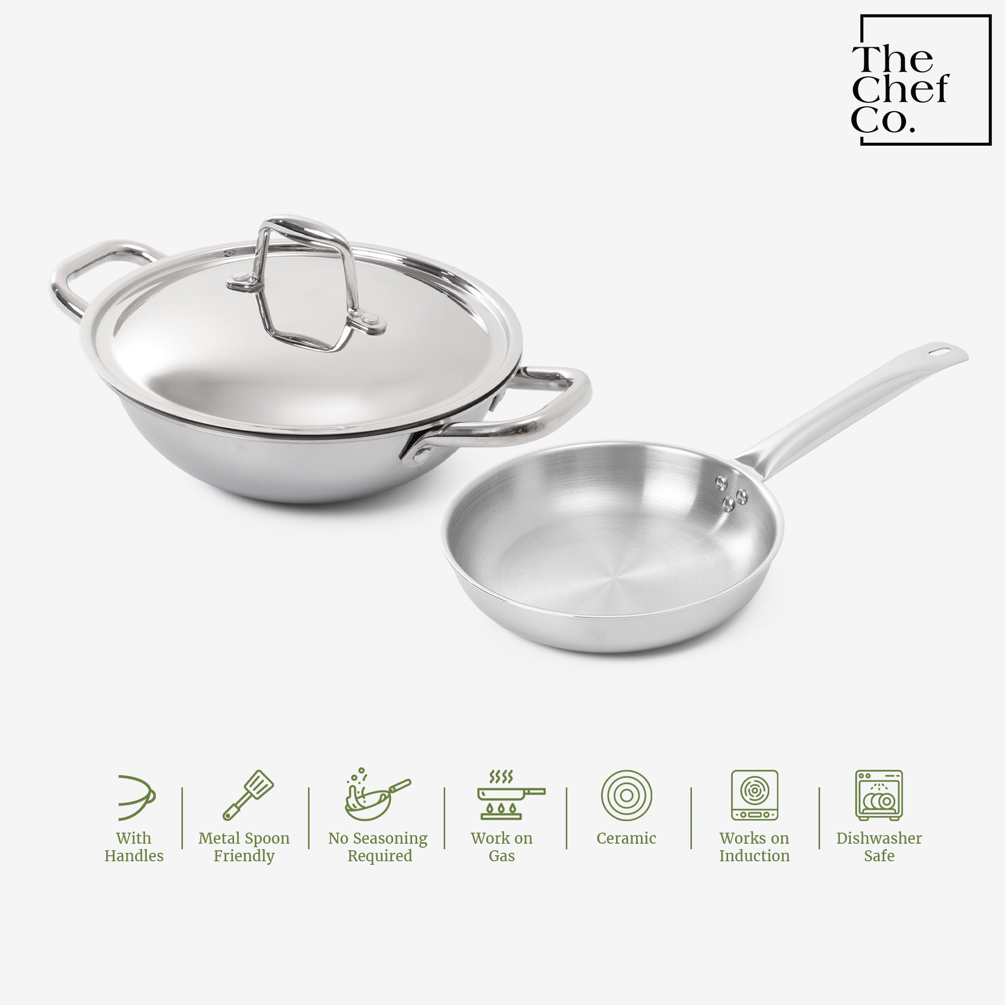 Stainless Steel Cookware Set: Kadai+ Fry Pan