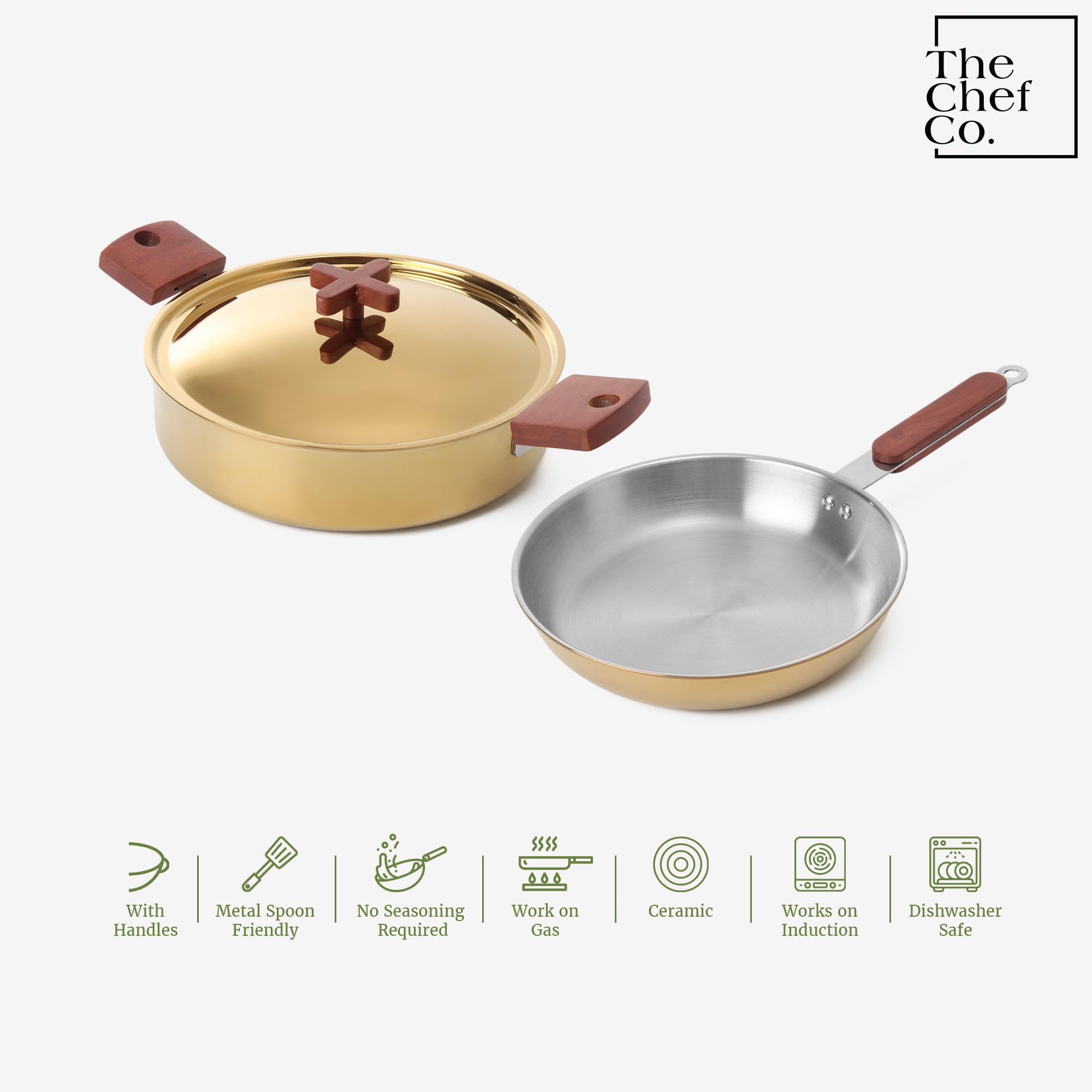 Gold PVD Coated Stainless Steel Triply Cookware Set: Kadhai + Fry Pan with Wooden handle