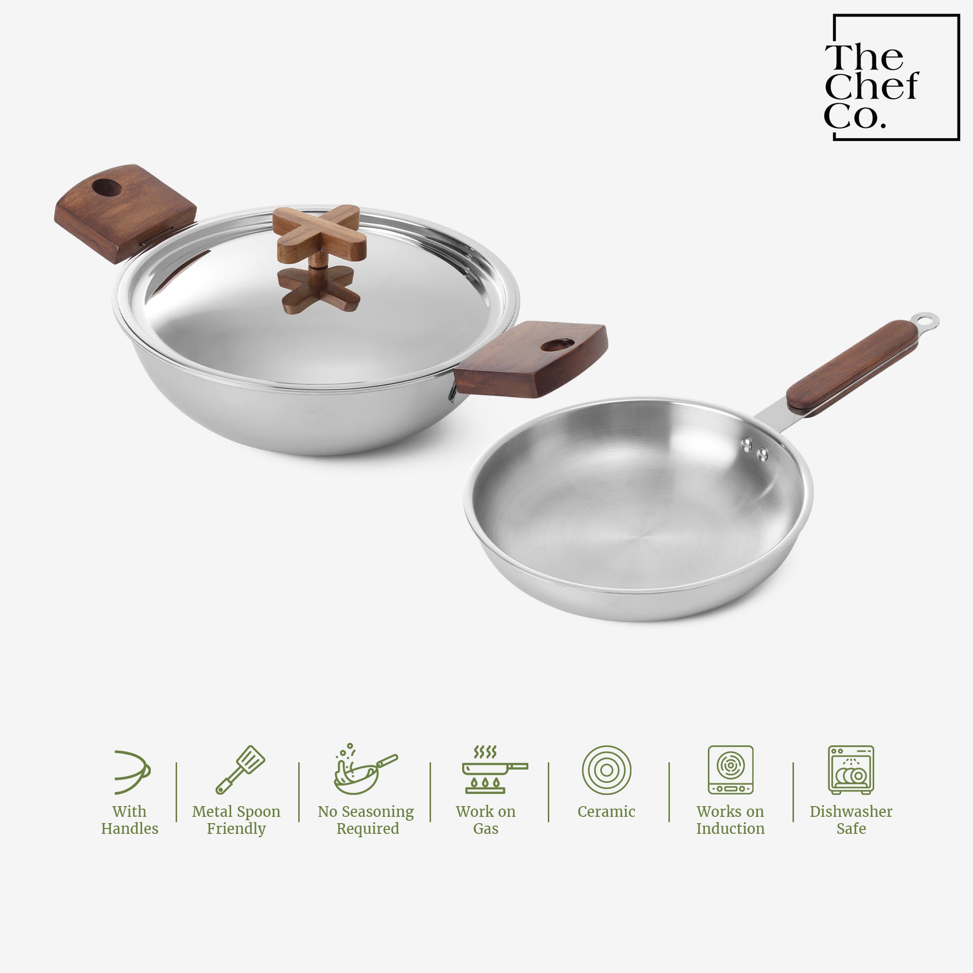 Stainless Steel Triply Cookware Set: Kadhai + Fry Pan with Wooden handle
