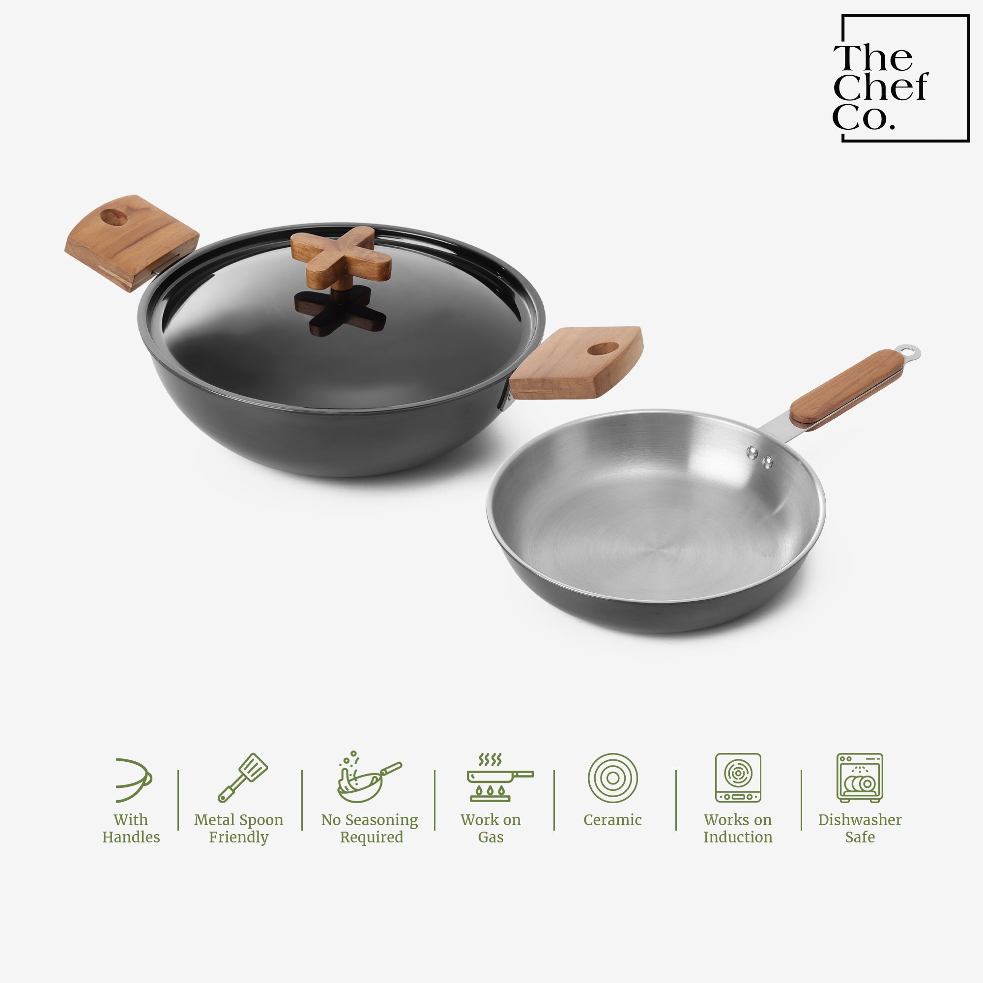 Black PVD Coated Stainless Steel Triply Cookware Set: Kadhai + Fry Pan with Wooden handle
