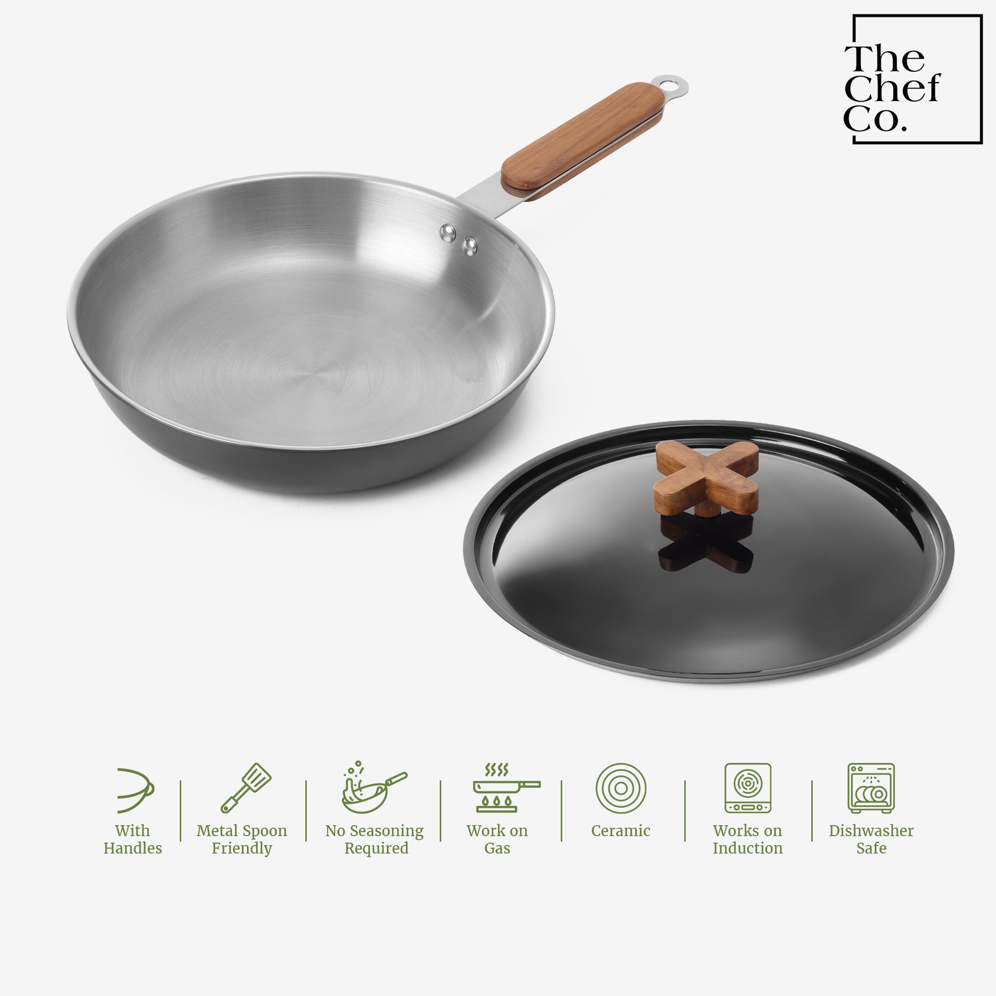 Black PVD Coated Stainless Steel Triply Fry pan with Wooden handle