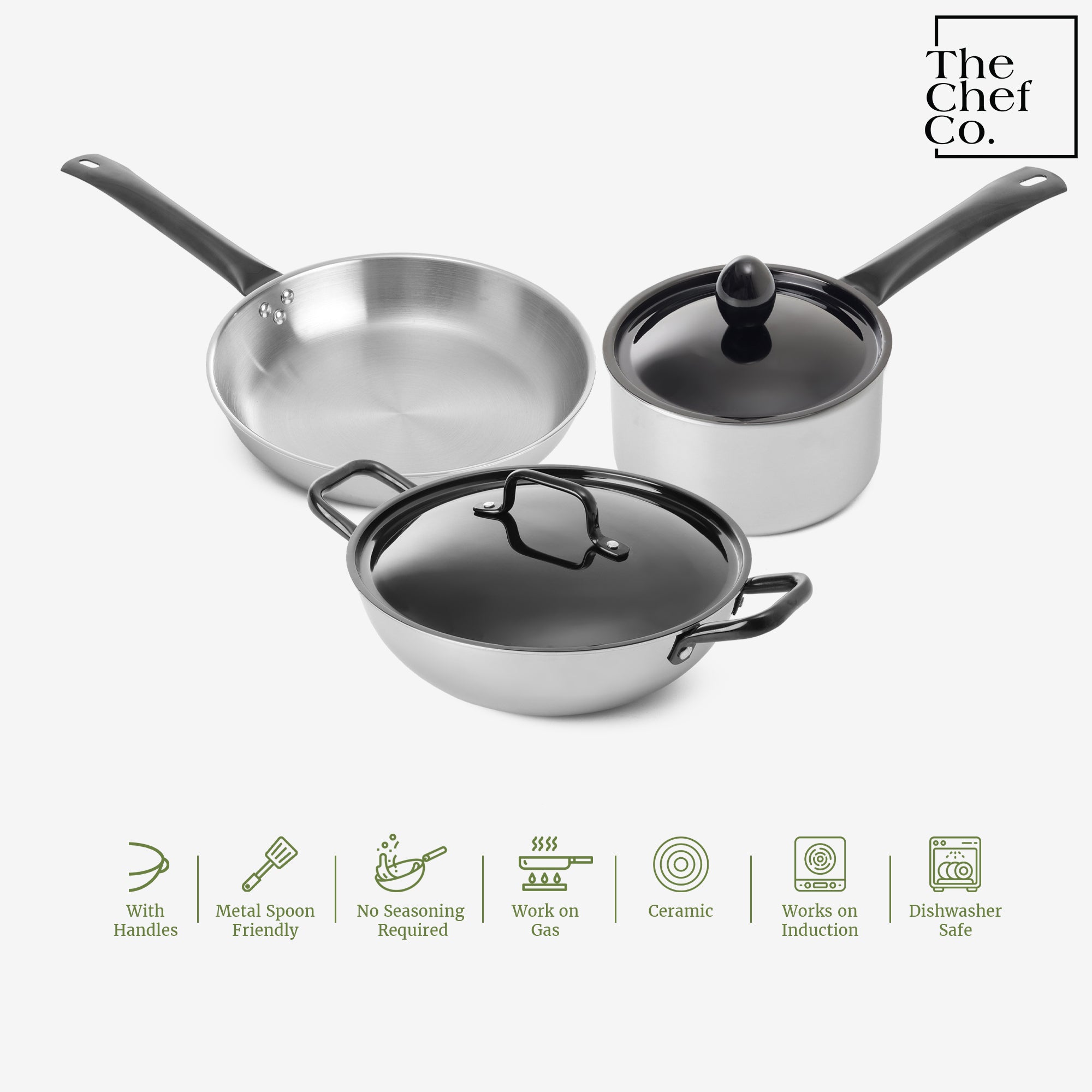 Black PVD Coated Stainless Steel Triply Cookware Set: Kadhai + Fry Pan + Sauce Pan with SS pipe handle