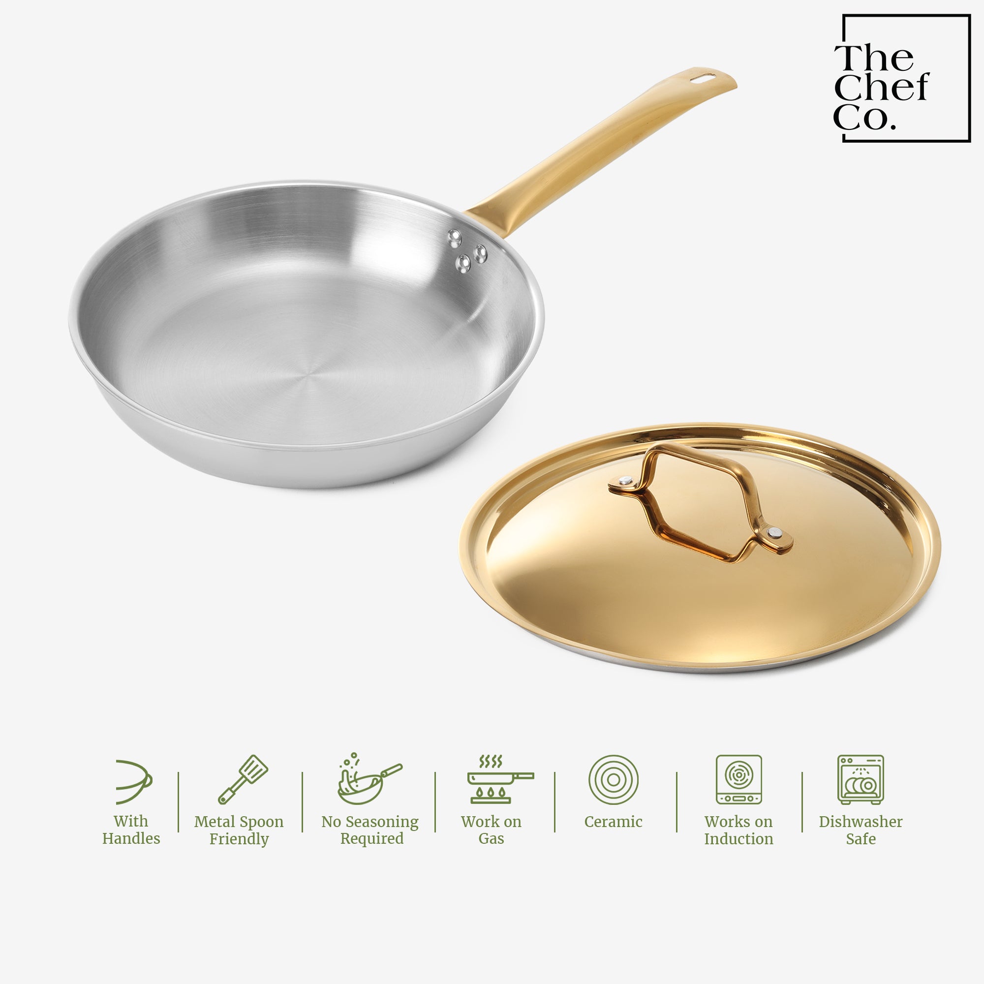 Gold PVD Coated Stainless Steel Triply Fry pan with SS pipe handle