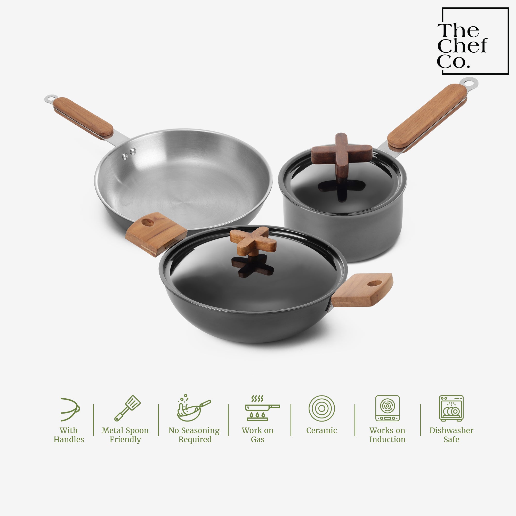 Black PVD Coated Stainless Steel Triply Cookware Set: Kadhai + Fry Pan + Sauce Pan with Wooden handle
