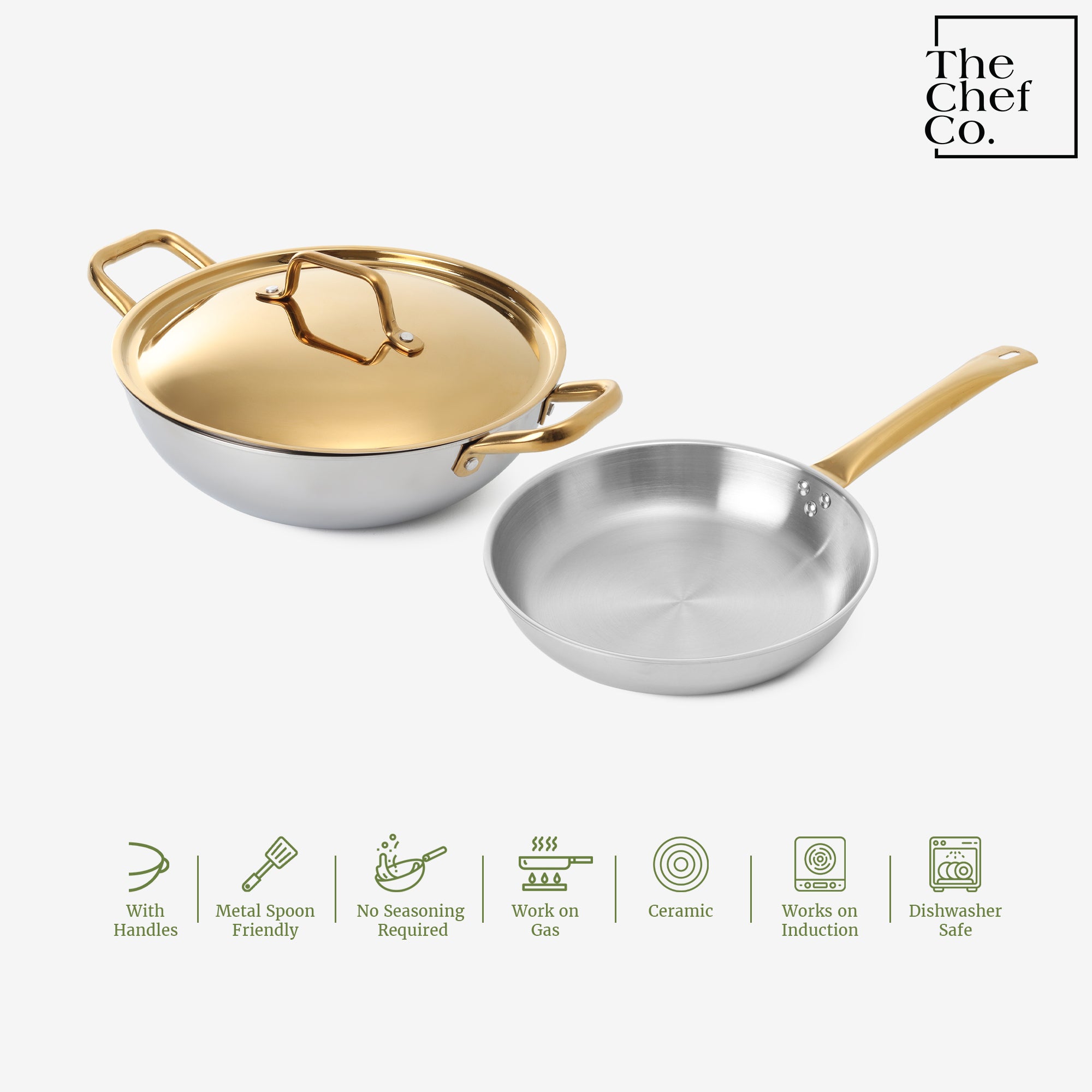 Gold PVD Coated Stainless Steel Triply Cookware Set: Kadhai + Fry Pan with SS pipe handle