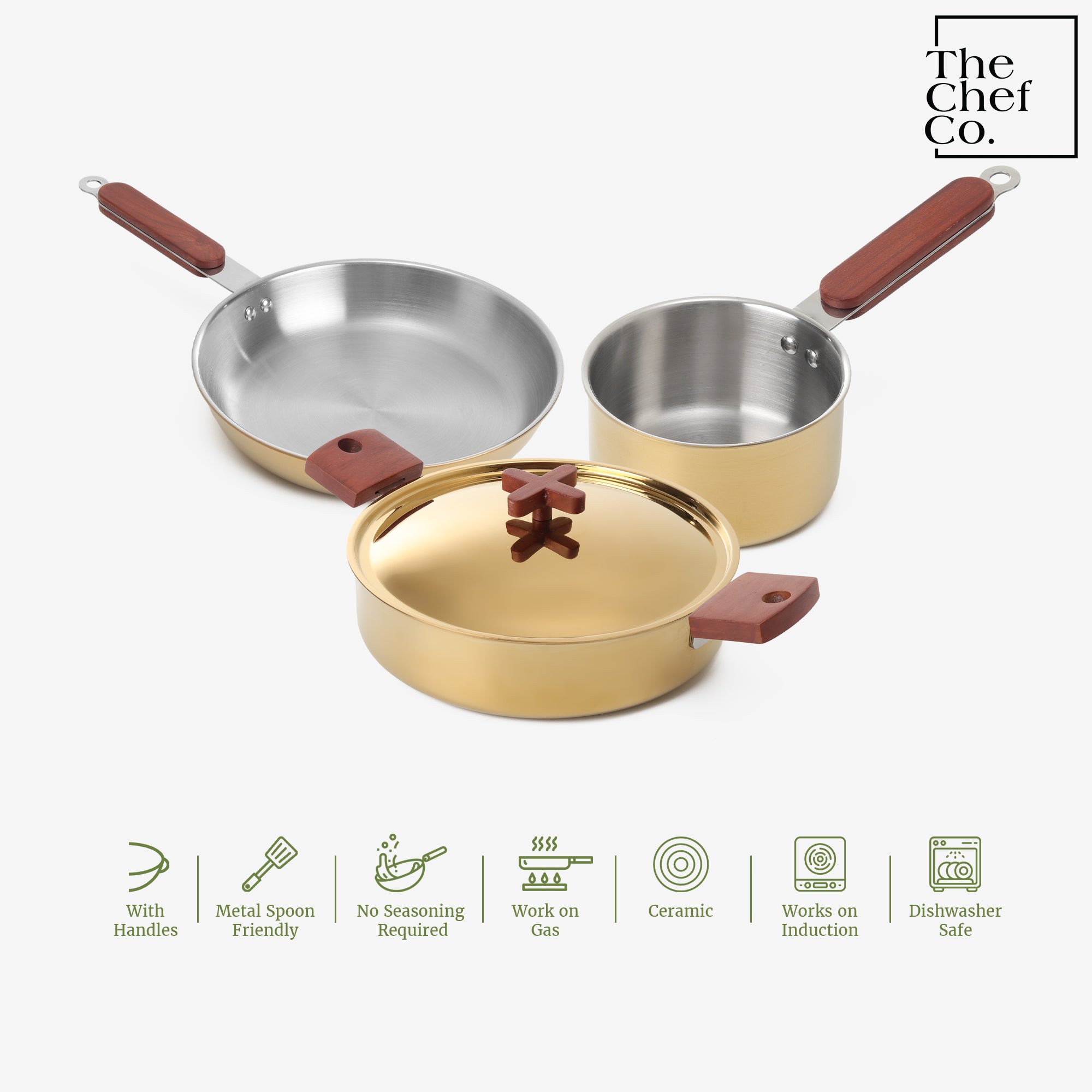 Rose Gold PVD Coated Stainless Steel Triply Cookware Set: Kadhai + Fry Pan + Sauce Pan with SS pipe handle