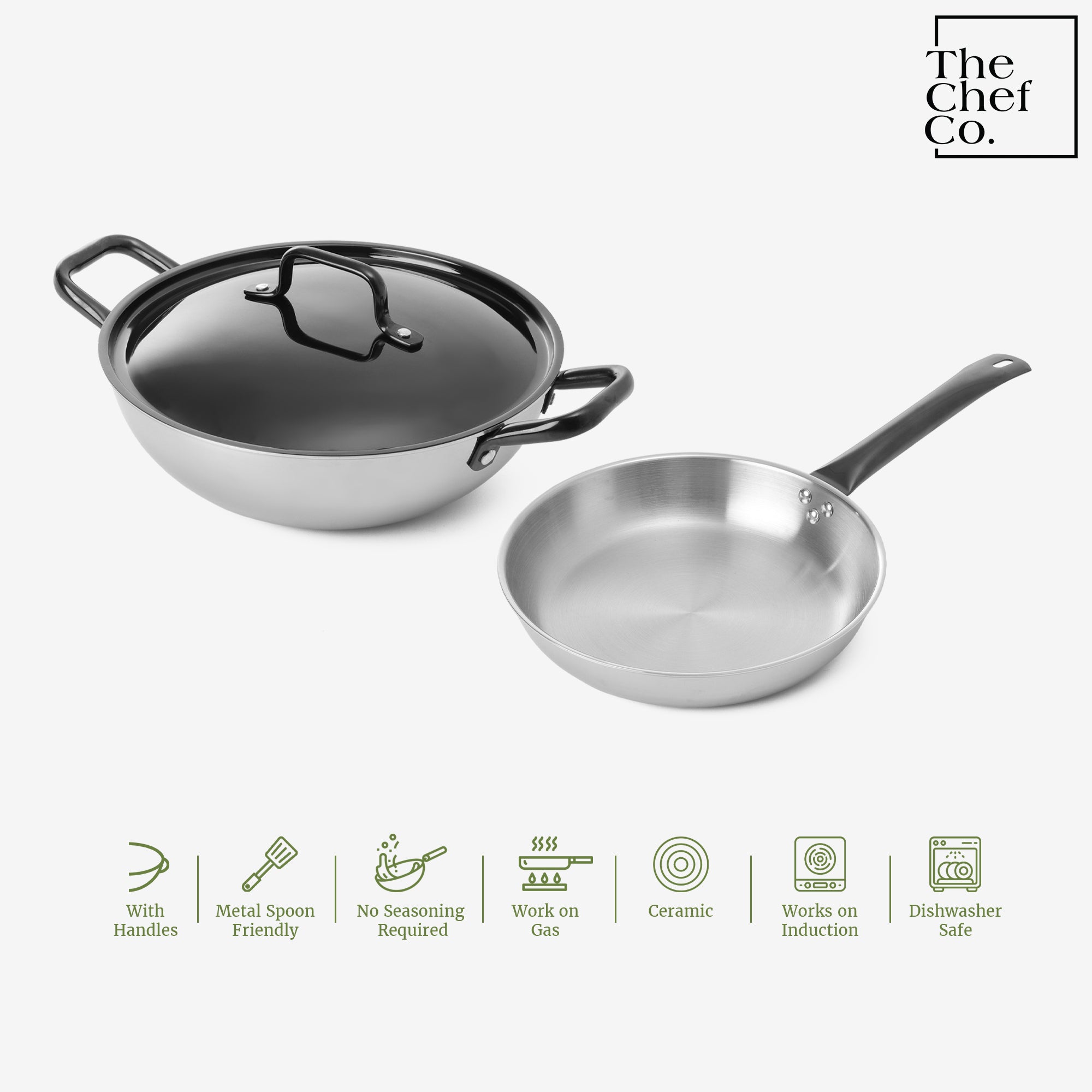 Black PVD Coated Stainless Steel Triply Cookware Set: Kadhai + Fry Pan with SS pipe handle