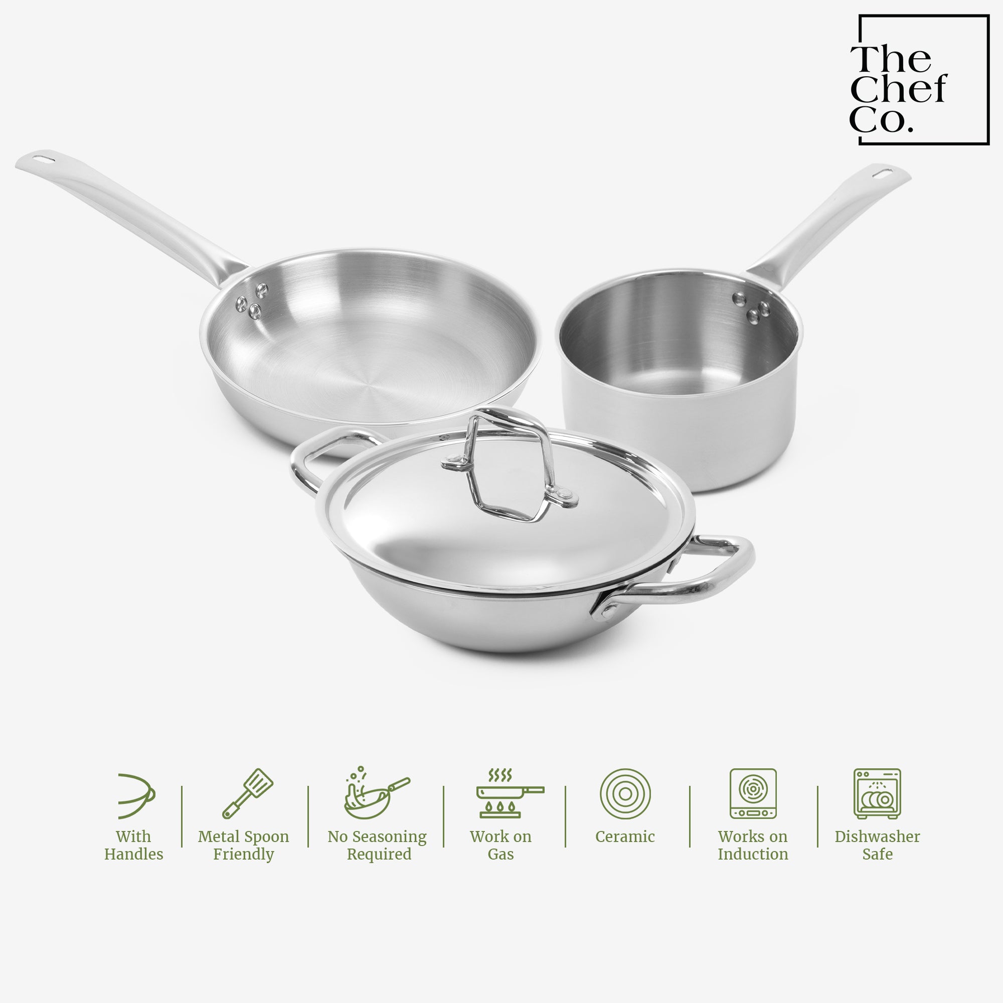Stainless Steel Cookware Set: 2.2L Kadai+ 1.4L Frypan+ 1.2L Tea/Milk pan