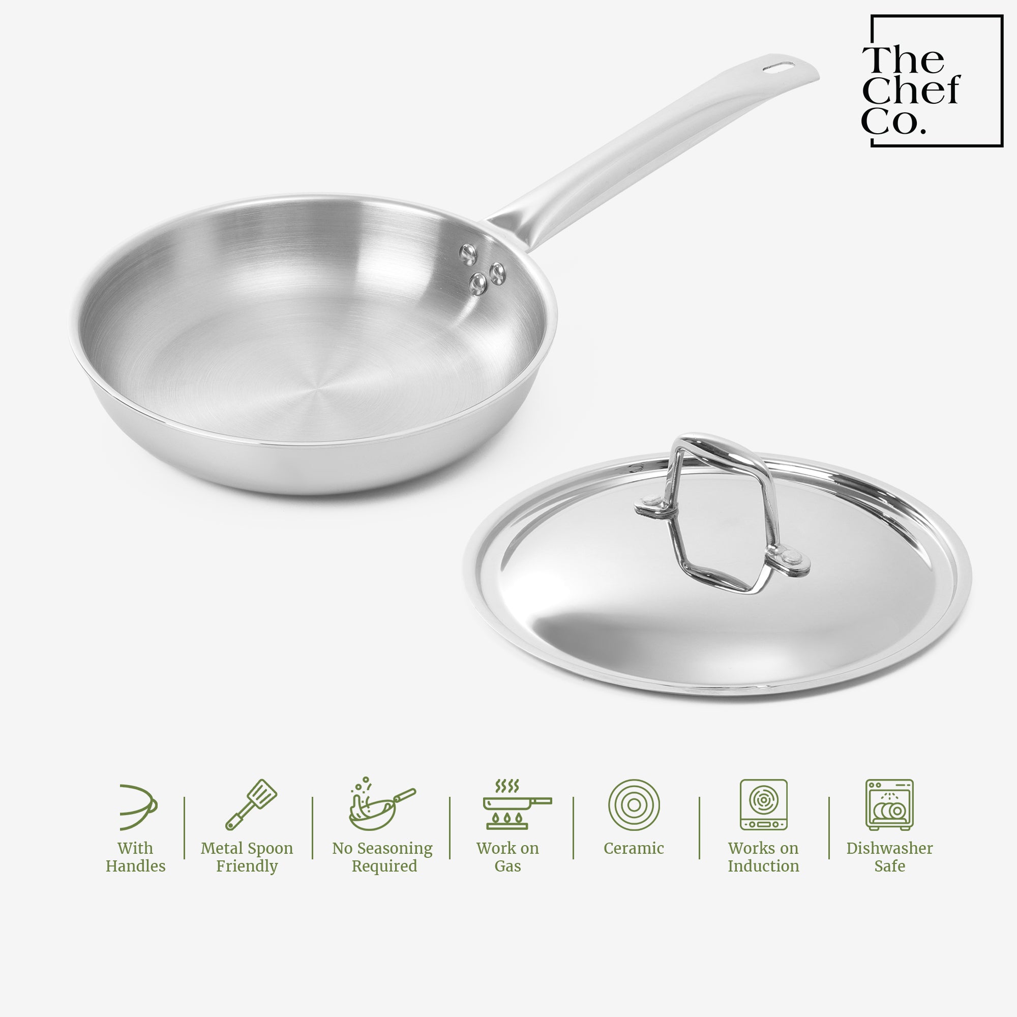 Stainless Steel Cookware Set: 2.2L Kadai+ 1.4L Frypan+ 1.2L Tea/Milk pan