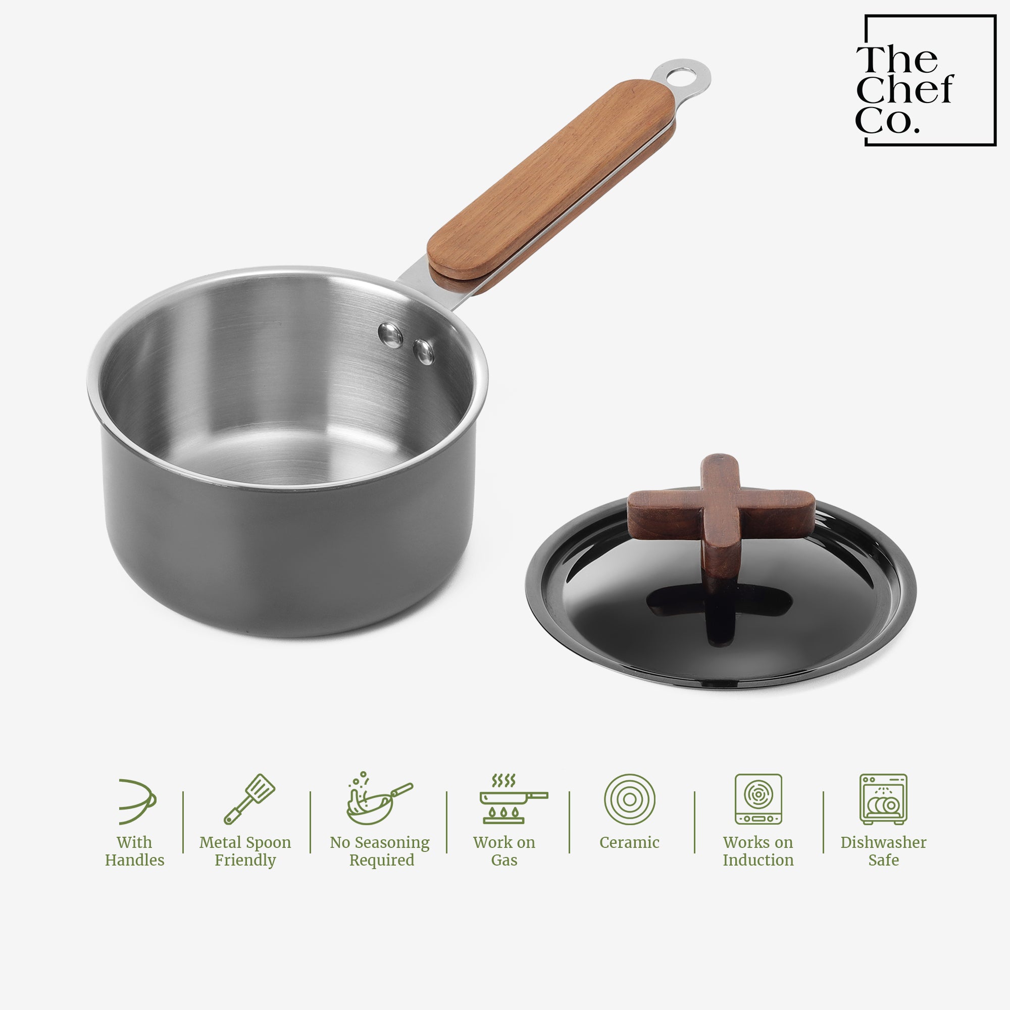 Black PVD Coated Stainless Steel Triply Sauce pan with Wooden handle