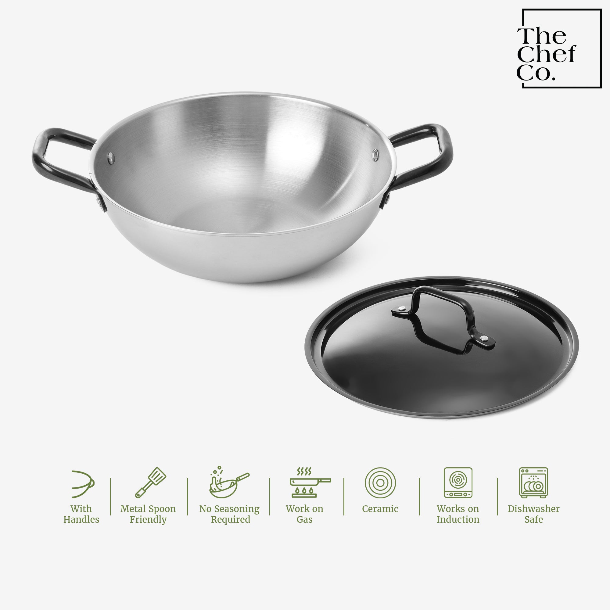 Black PVD Coated Stainless Steel Triply Kadhai with SS pipe handle