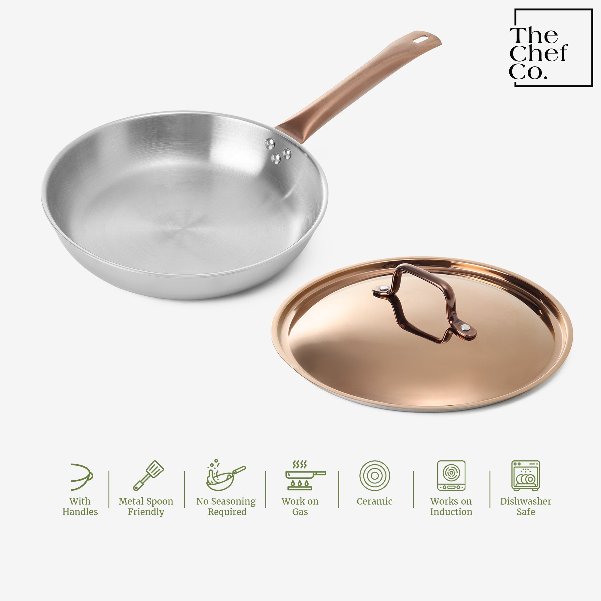 Rose Gold PVD Coated Stainless Steel Triply Fry pan with SS pipe handle