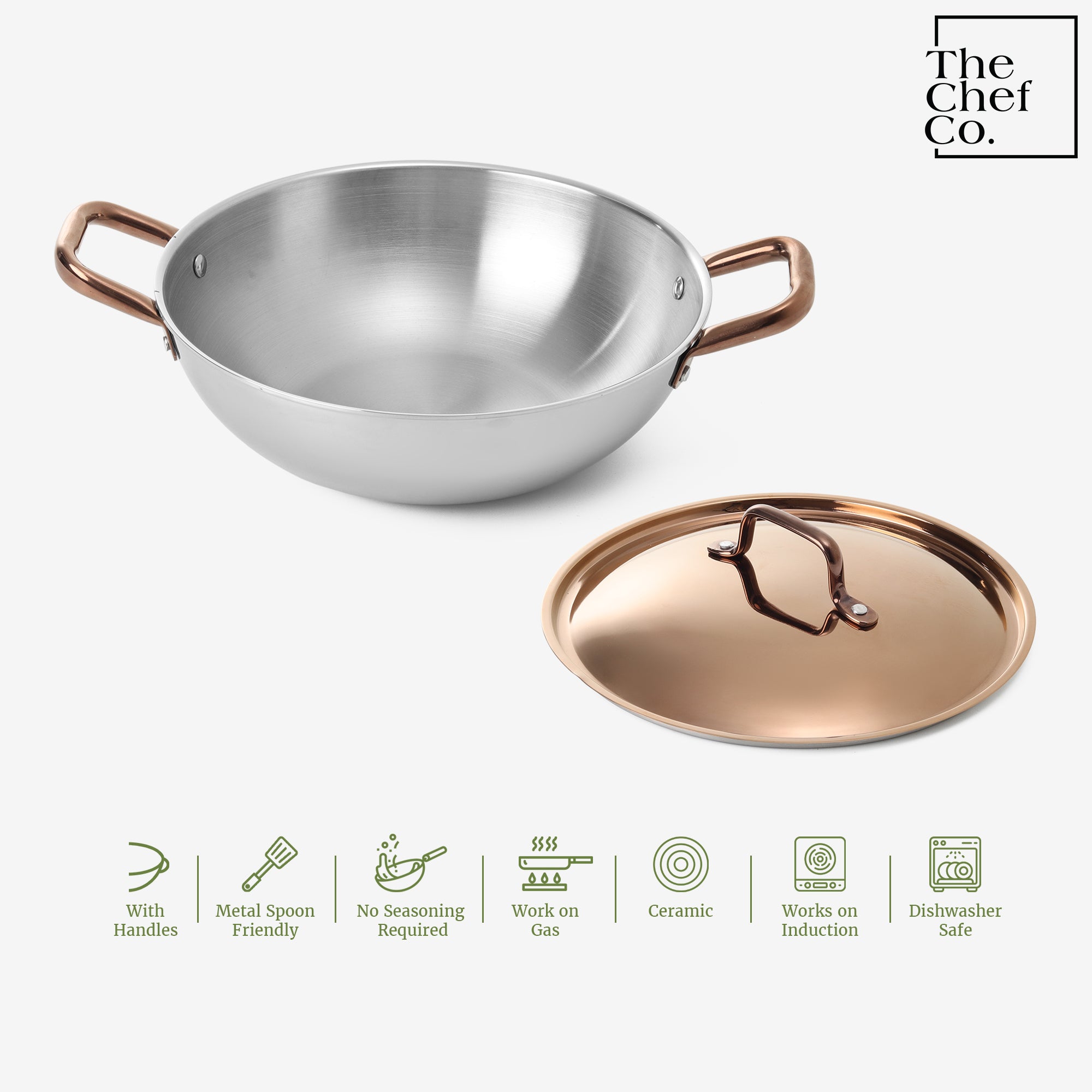 Rose Gold PVD Coated Stainless Steel Triply Kadhai with SS pipe handle