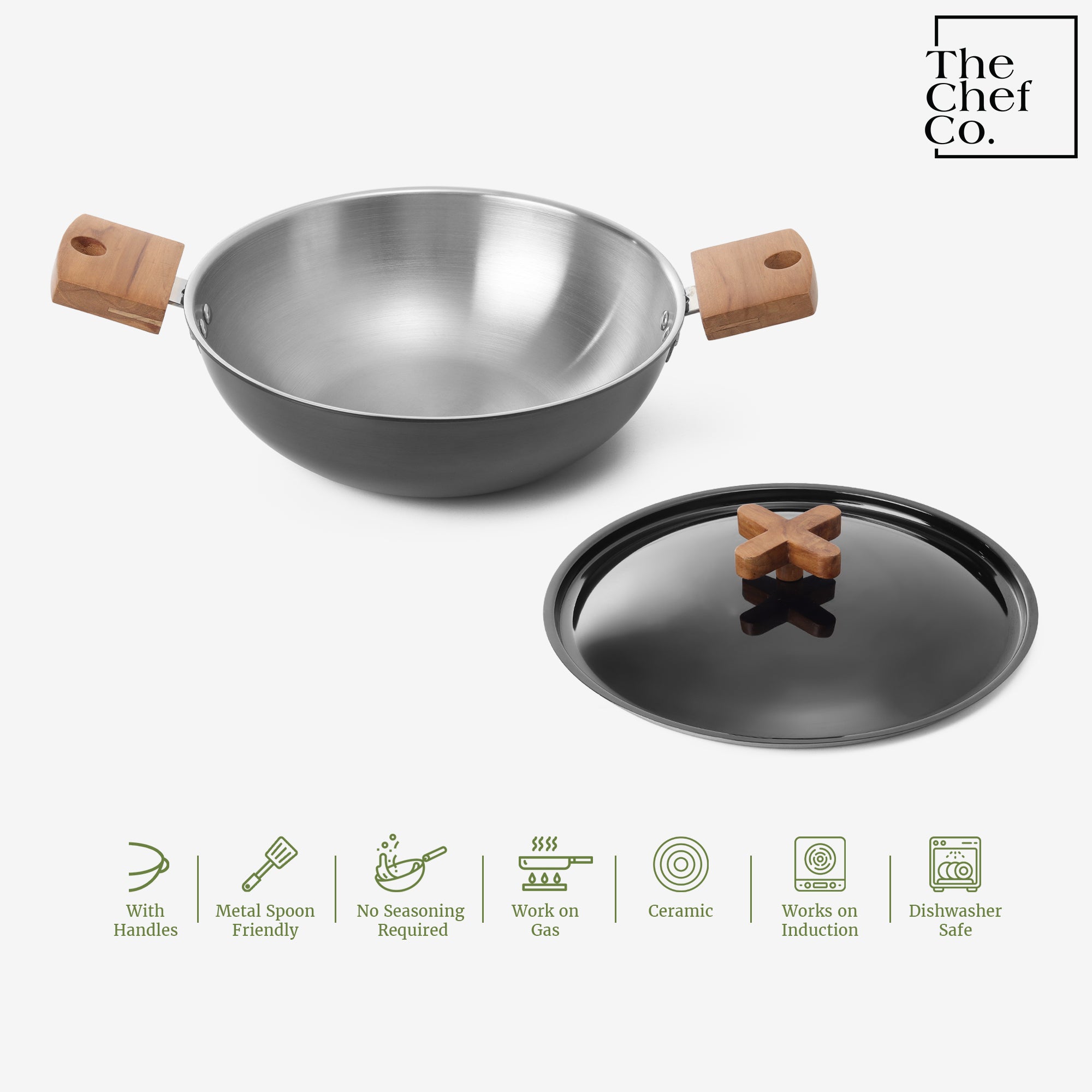 Black PVD Coated Stainless Steel Triply Kadhai with Wooden handle
