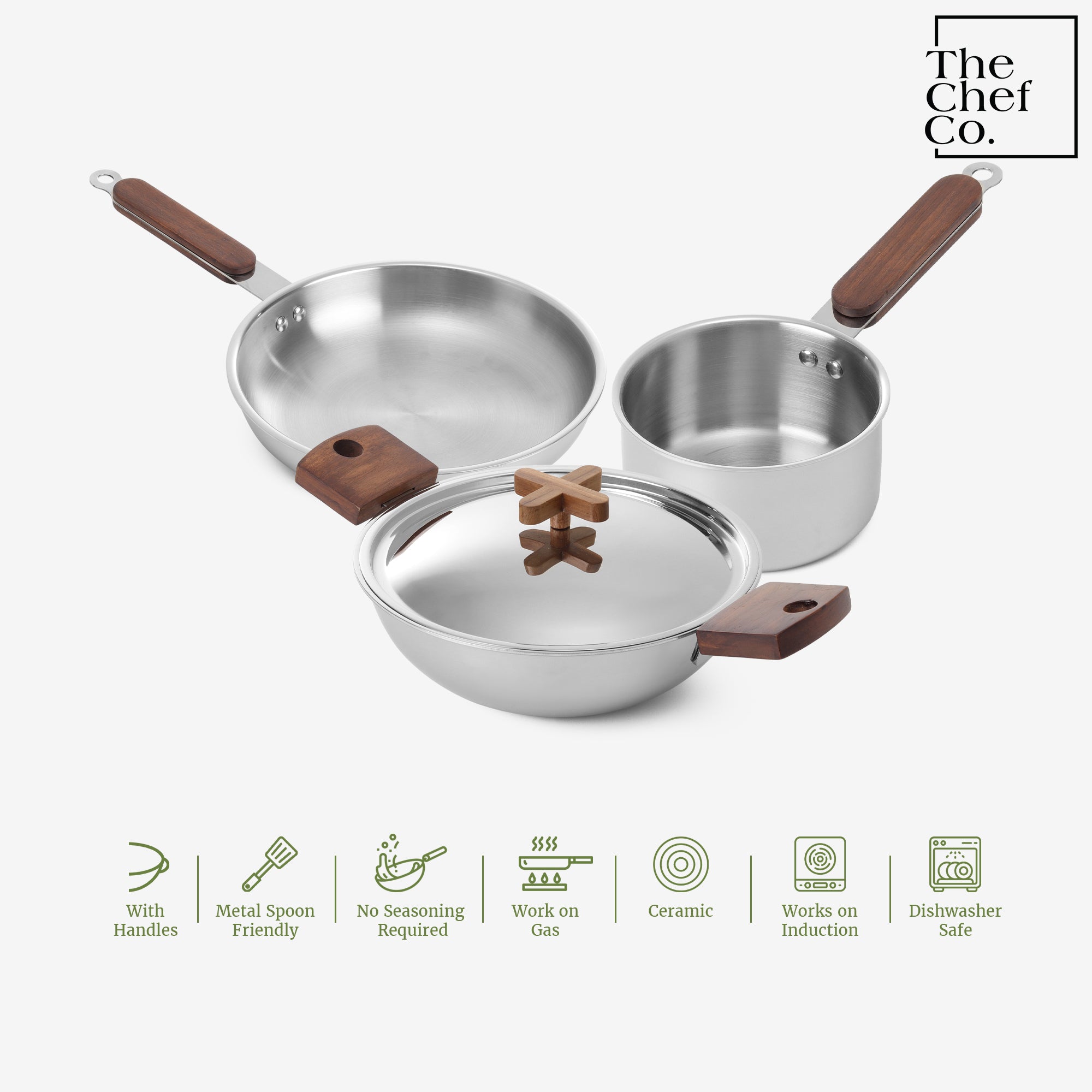 Stainless Steel Triply Cookware Set: Kadhai + Fry Pan + Sauce Pan with Wooden handle