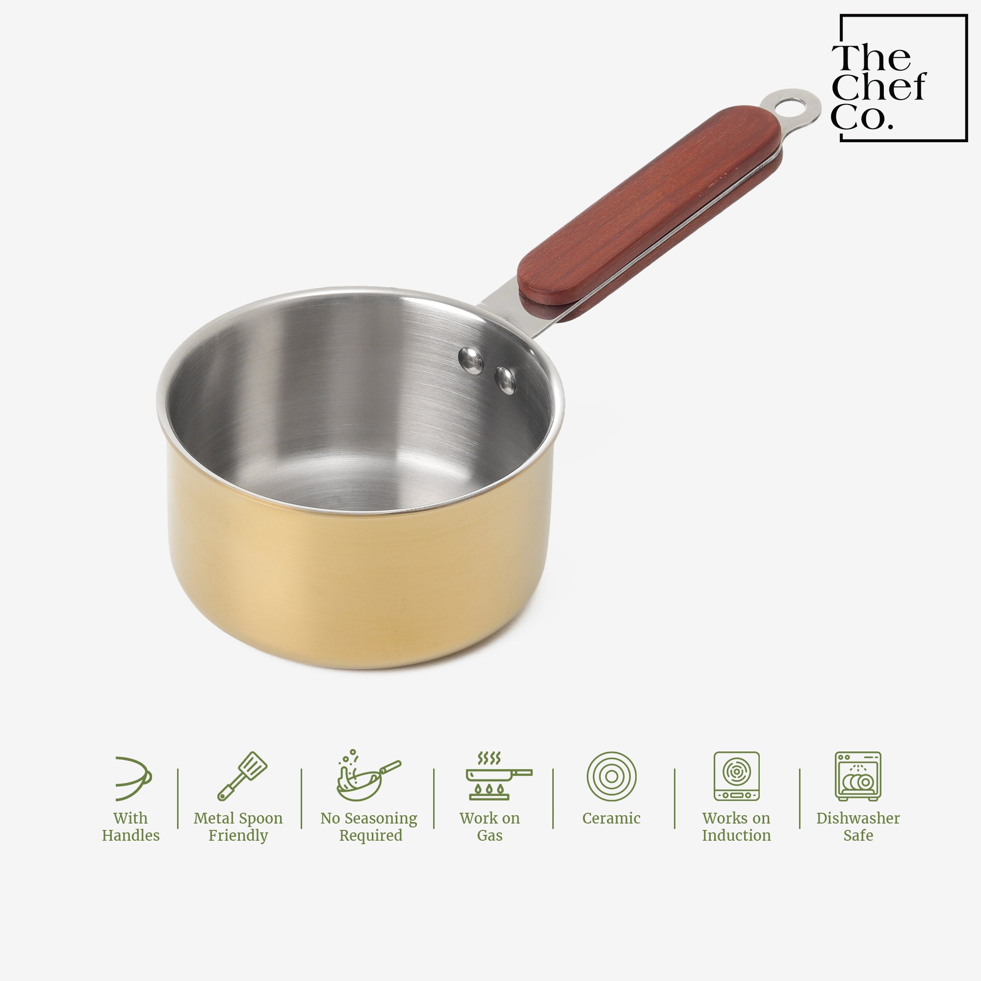 Gold PVD Coated Stainless Steel Triply Sauce pan with Wooden handle