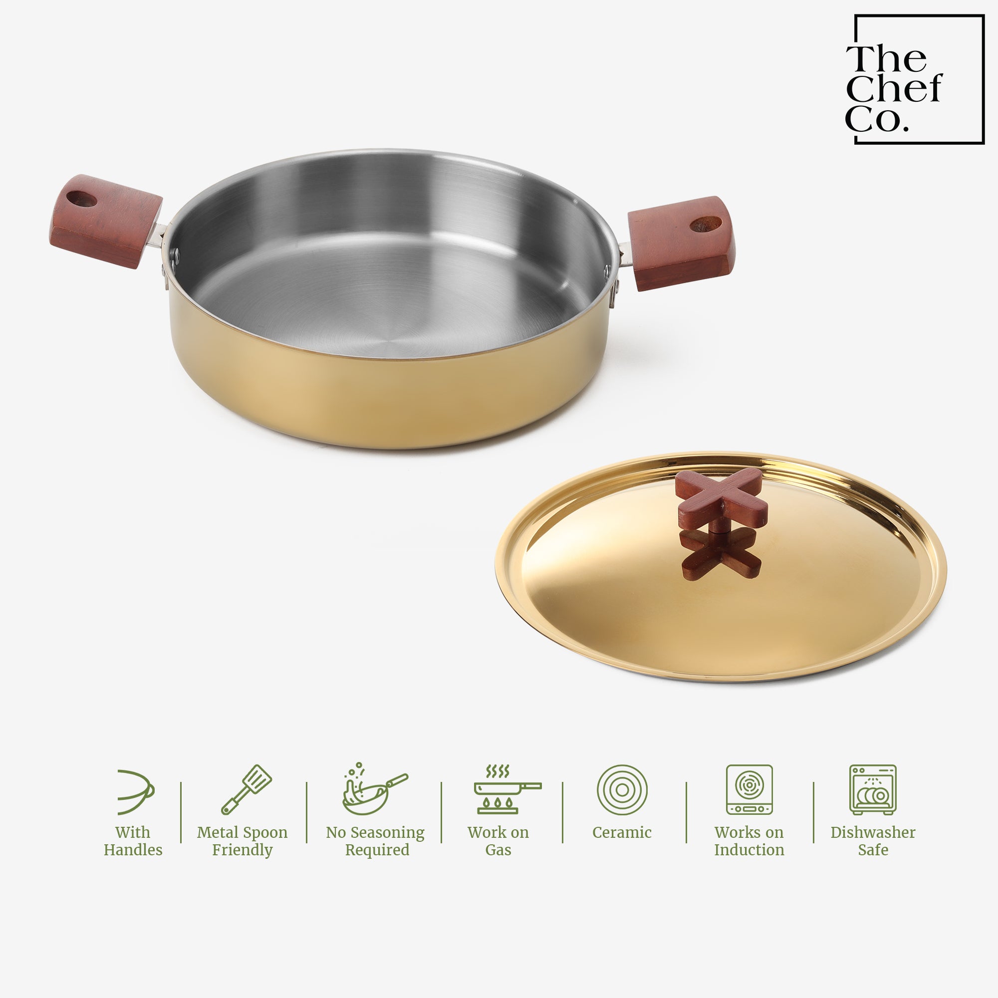 Gold PVD Coated Stainless Steel Triply Kadhai with Wooden handle