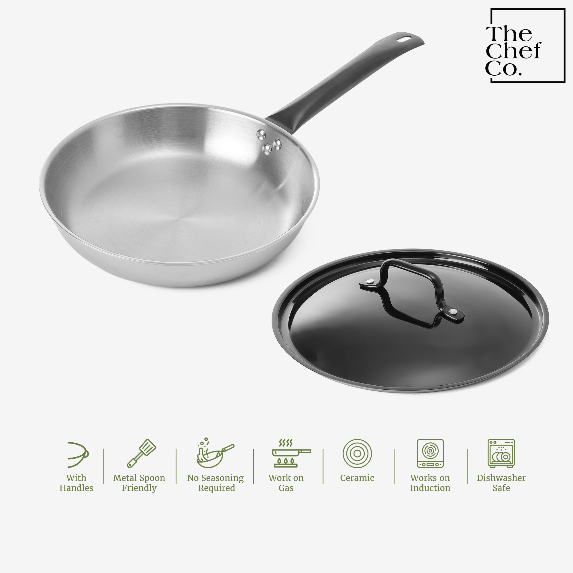 Black PVD Coated Stainless Steel Triply Fry pan with SS pipe handle