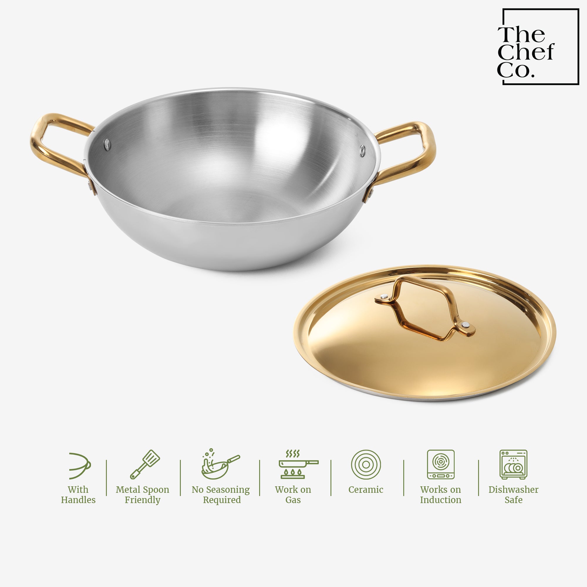 Gold PVD Coated Stainless Steel Triply Kadhai with SS pipe handle