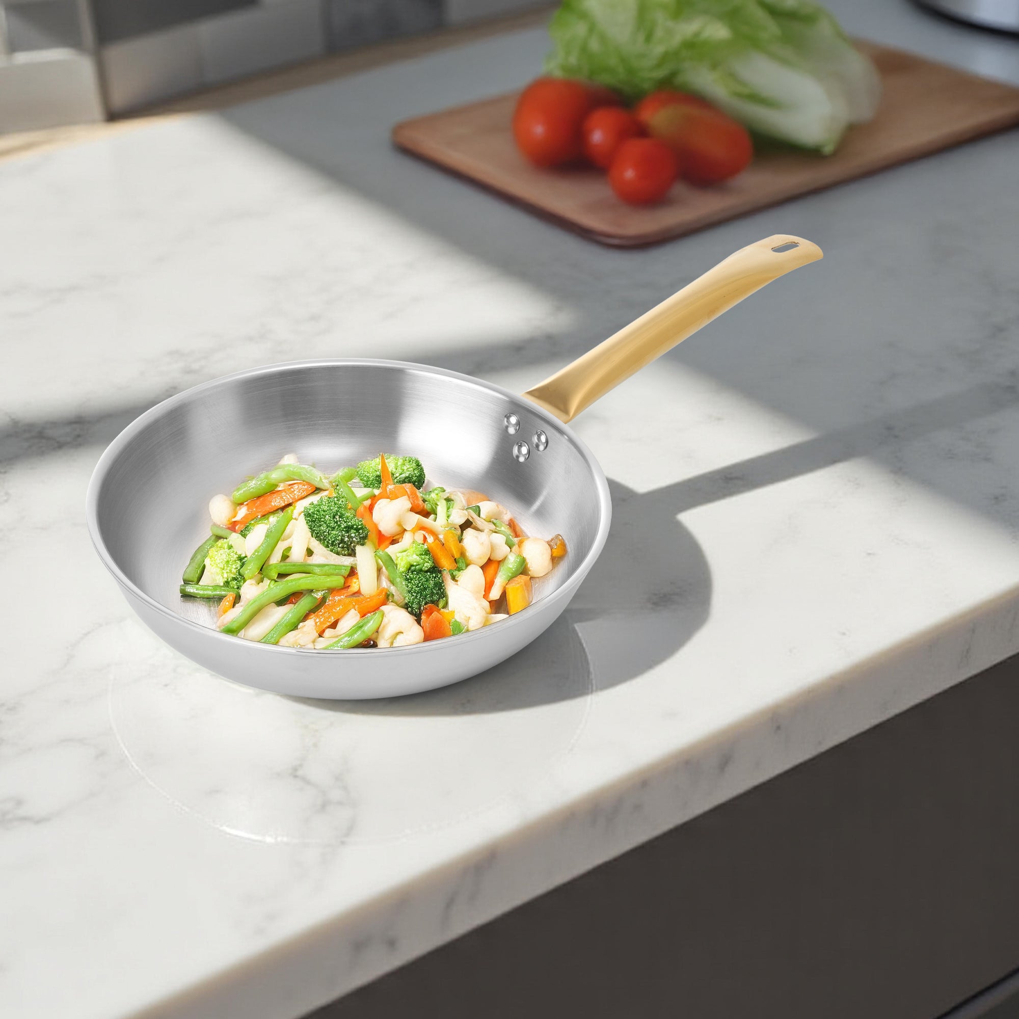 Gold PVD Coated Stainless Steel Triply Fry pan with SS pipe handle