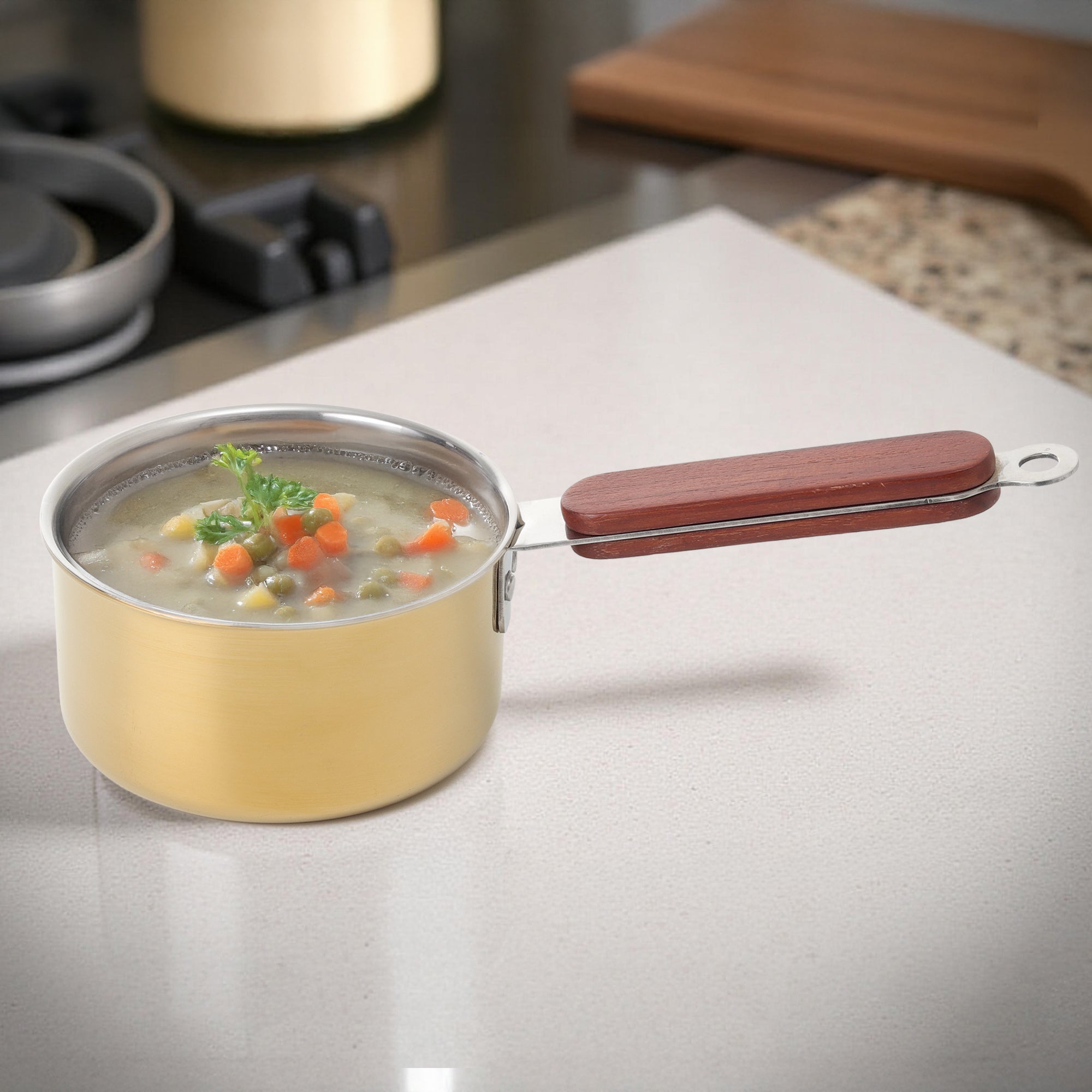 Gold PVD Coated Stainless Steel Triply Sauce pan with Wooden handle