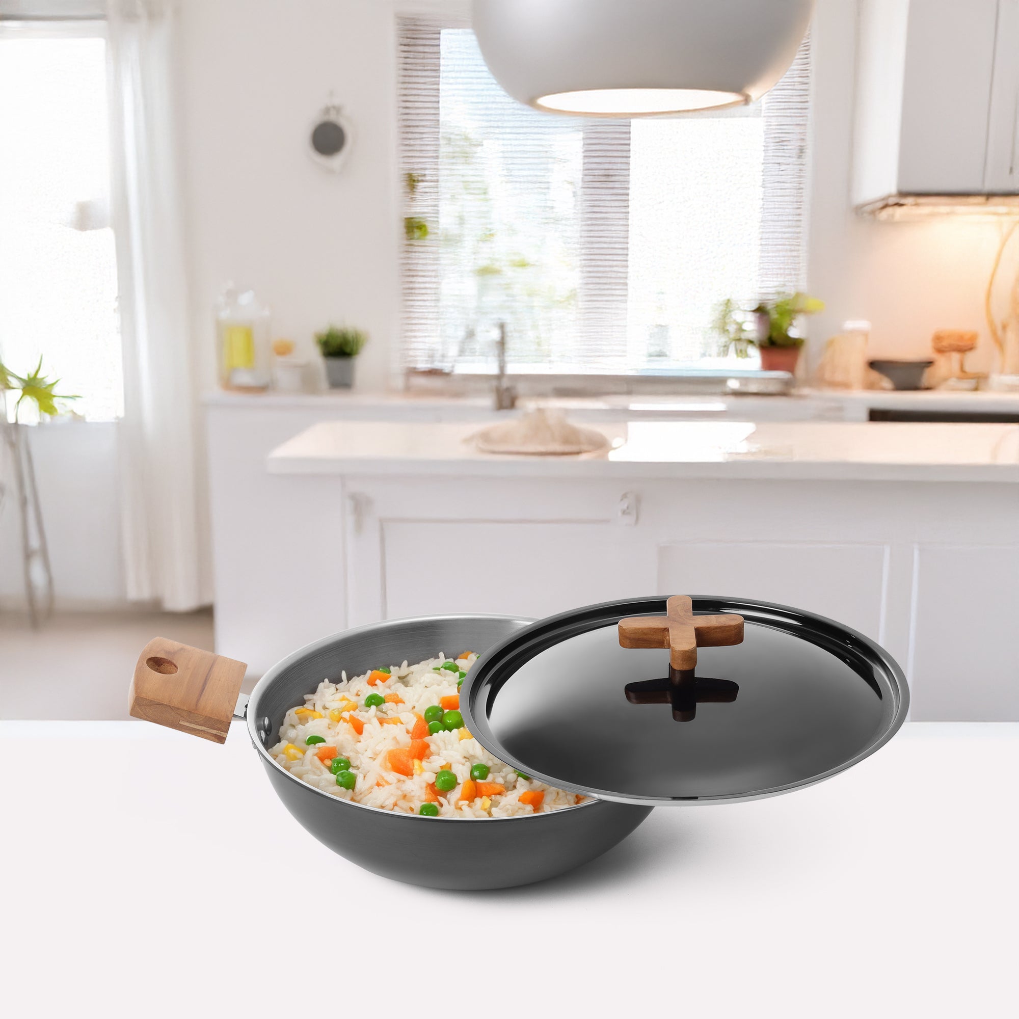 Black PVD Coated Stainless Steel Triply Kadhai with Wooden handle