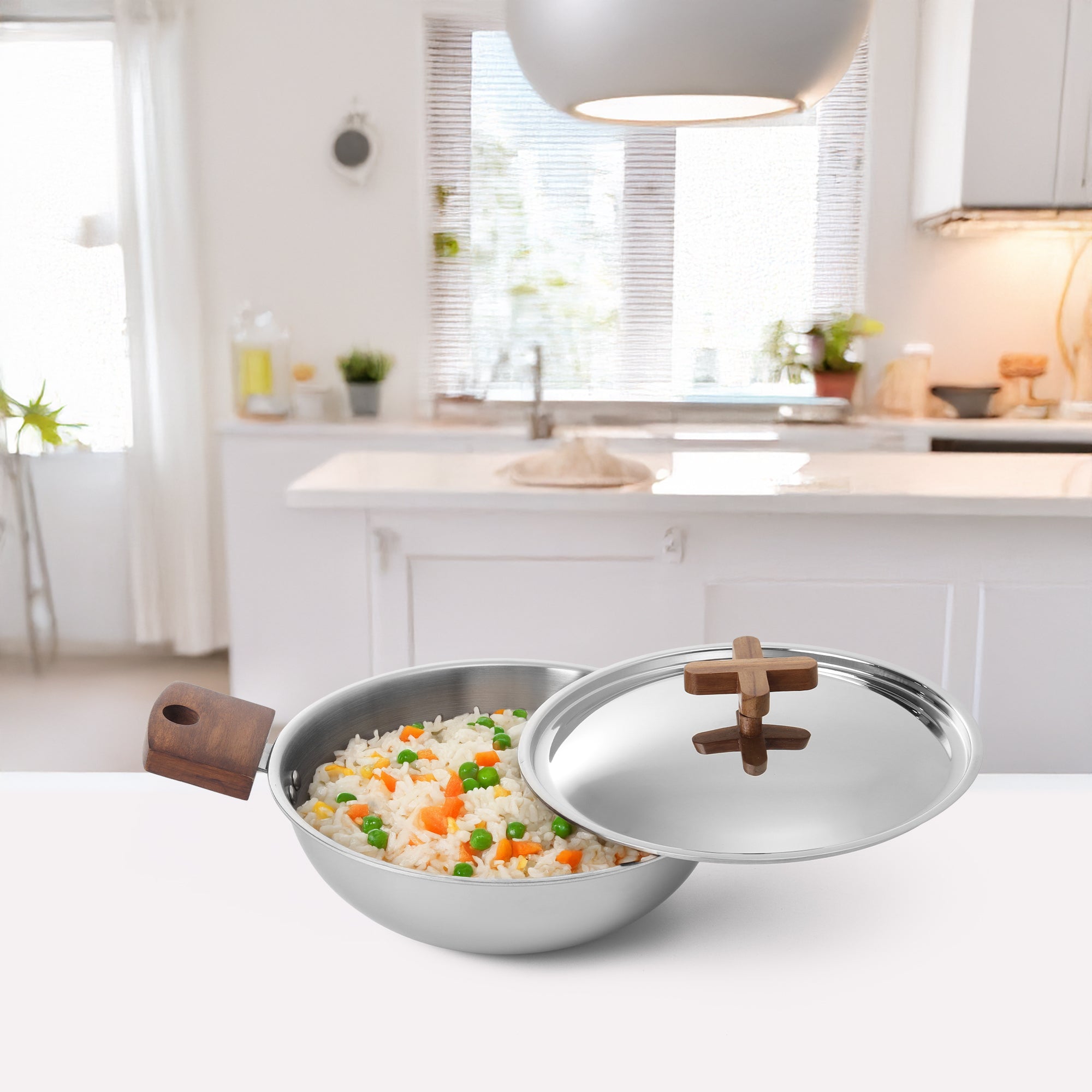 Stainless Steel Triply Kadhai with Wooden handle
