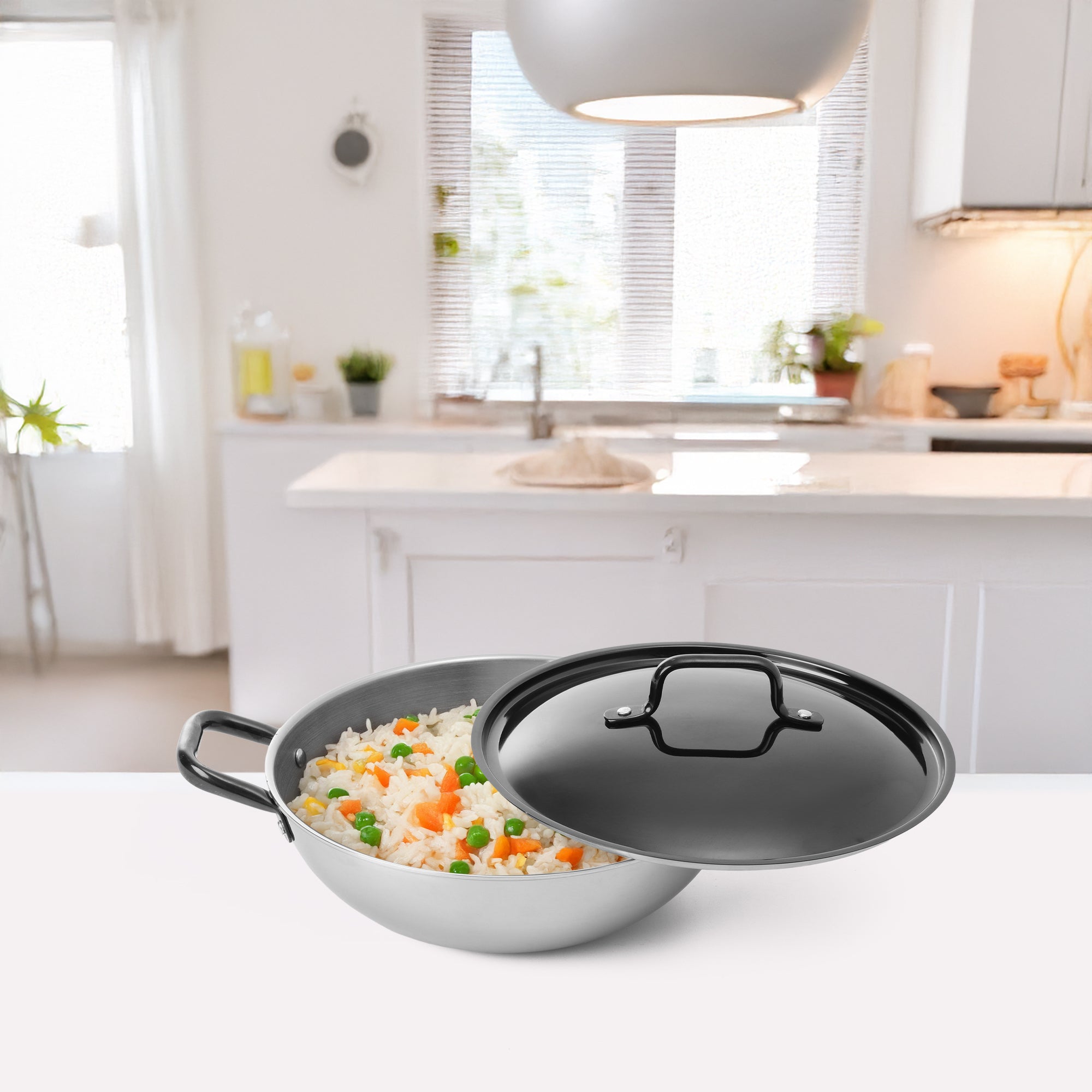 Black PVD Coated Stainless Steel Triply Kadhai with SS pipe handle