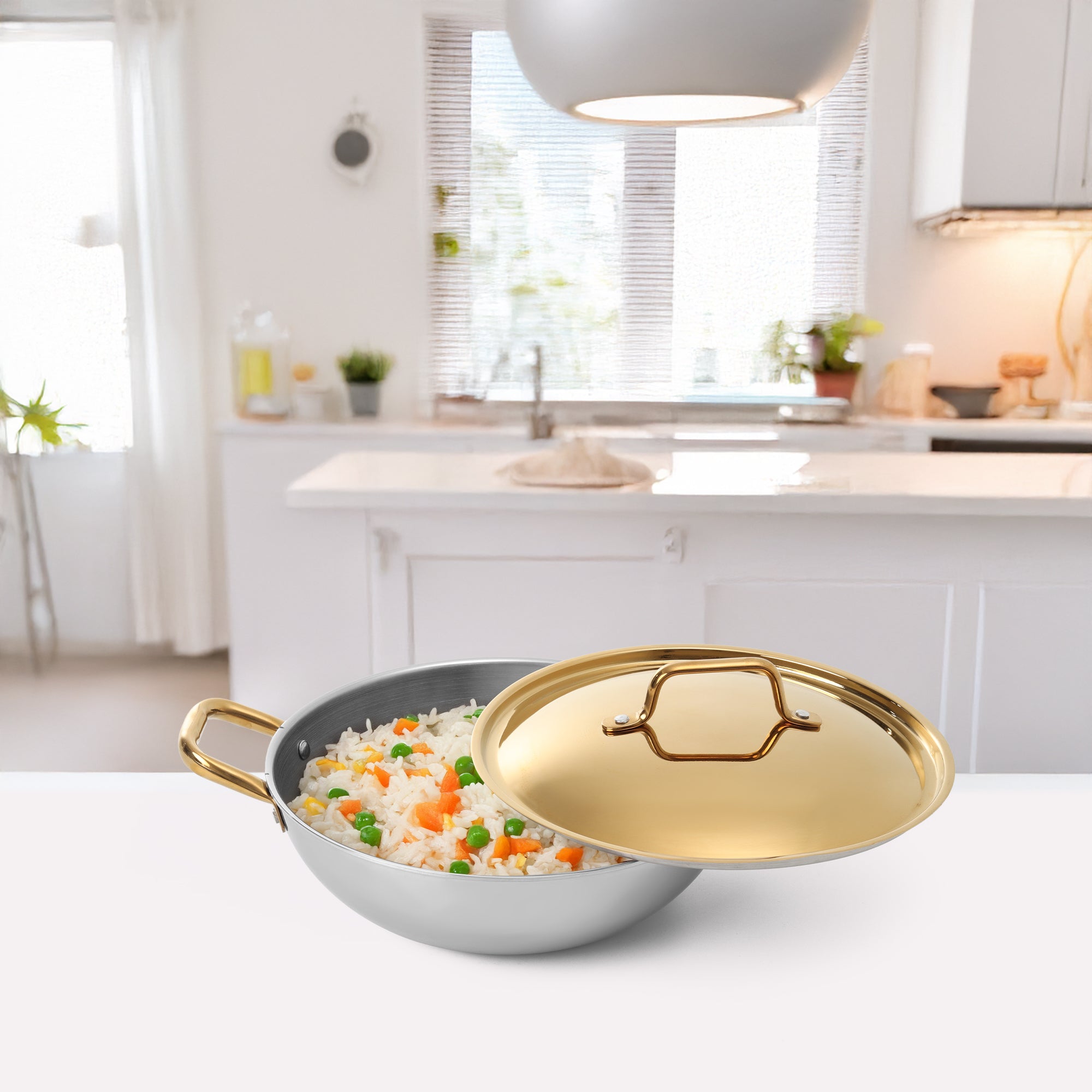 Gold PVD Coated Stainless Steel Triply Kadhai with SS pipe handle