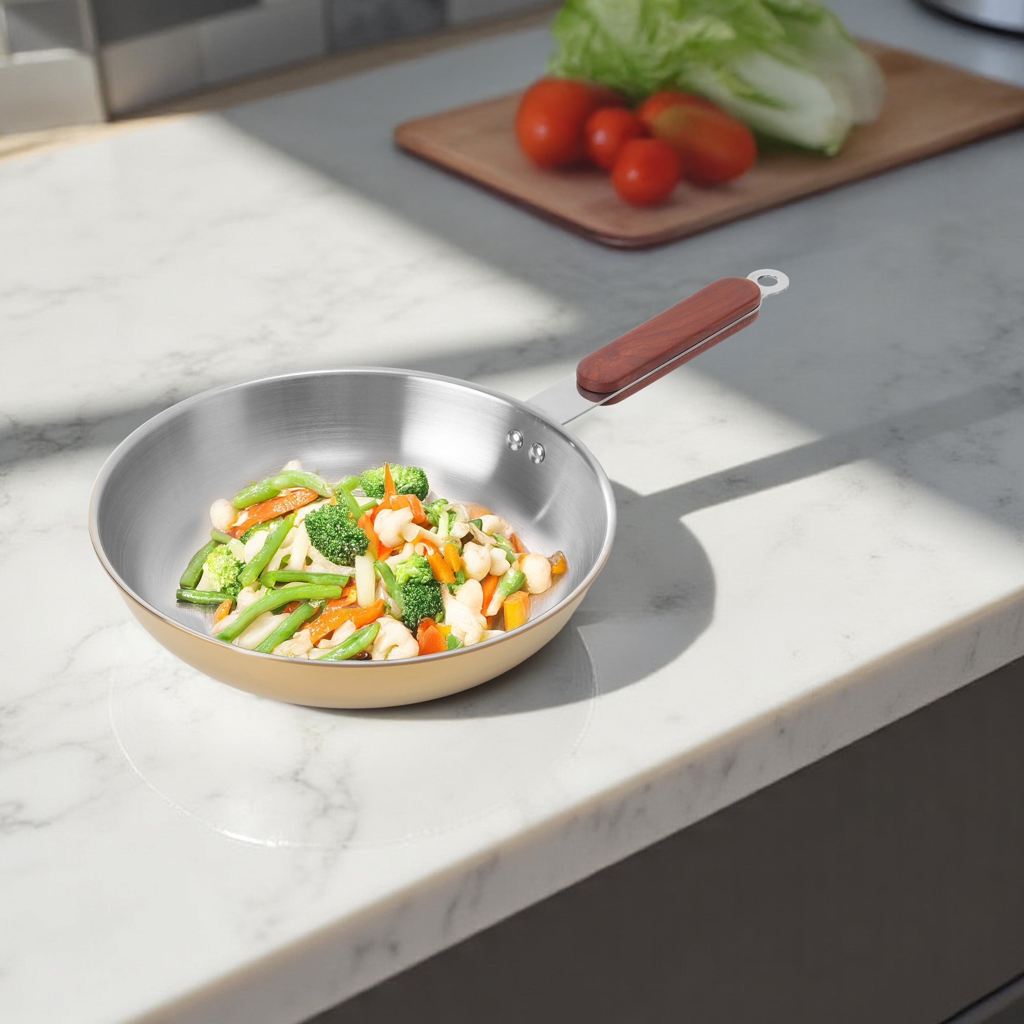 Gold PVD Coated Stainless Steel Triply Fry pan with Wooden handle