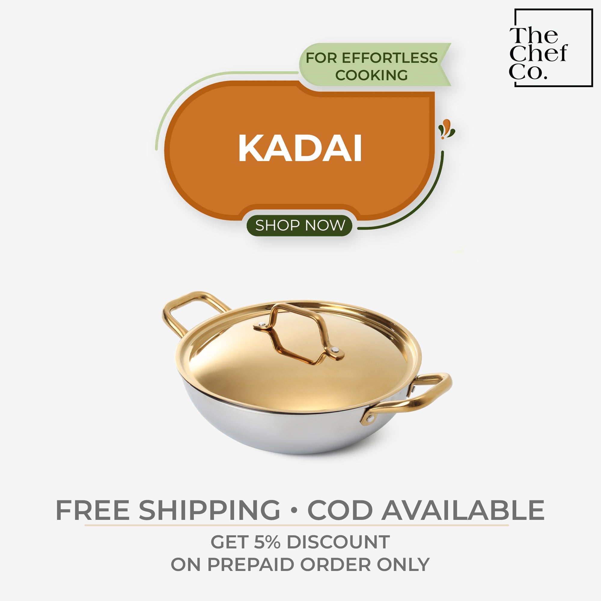 Gold PVD Coated Stainless Steel Triply Kadhai with SS pipe handle