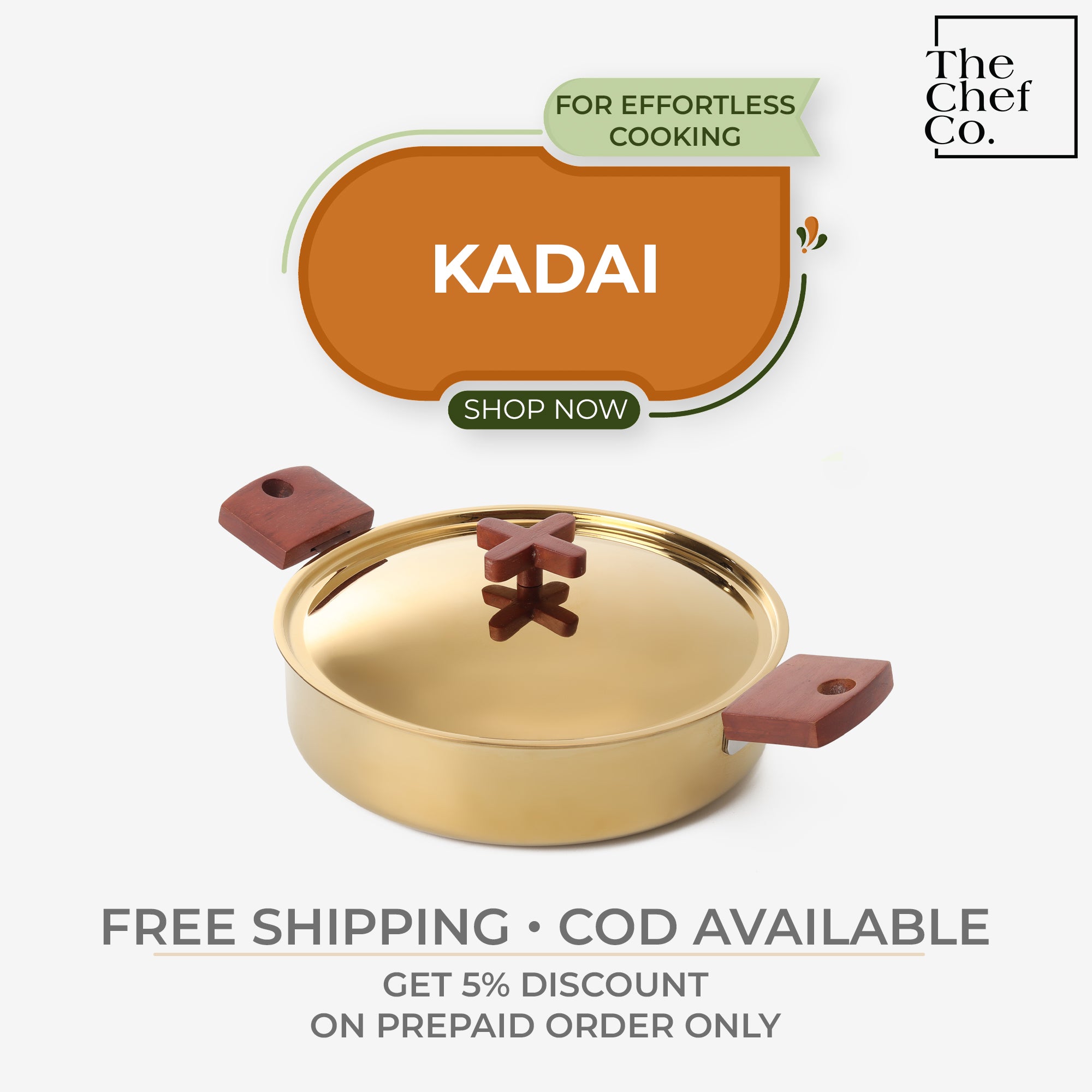 Gold PVD Coated Stainless Steel Triply Kadhai with Wooden handle