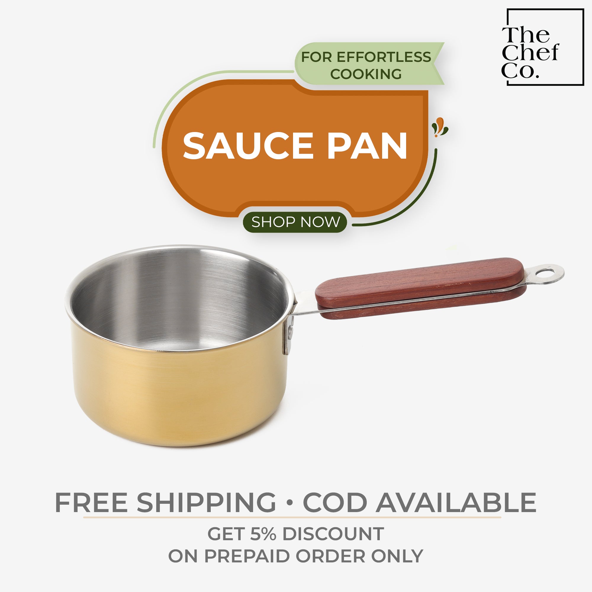Gold PVD Coated Stainless Steel Triply Sauce pan with Wooden handle